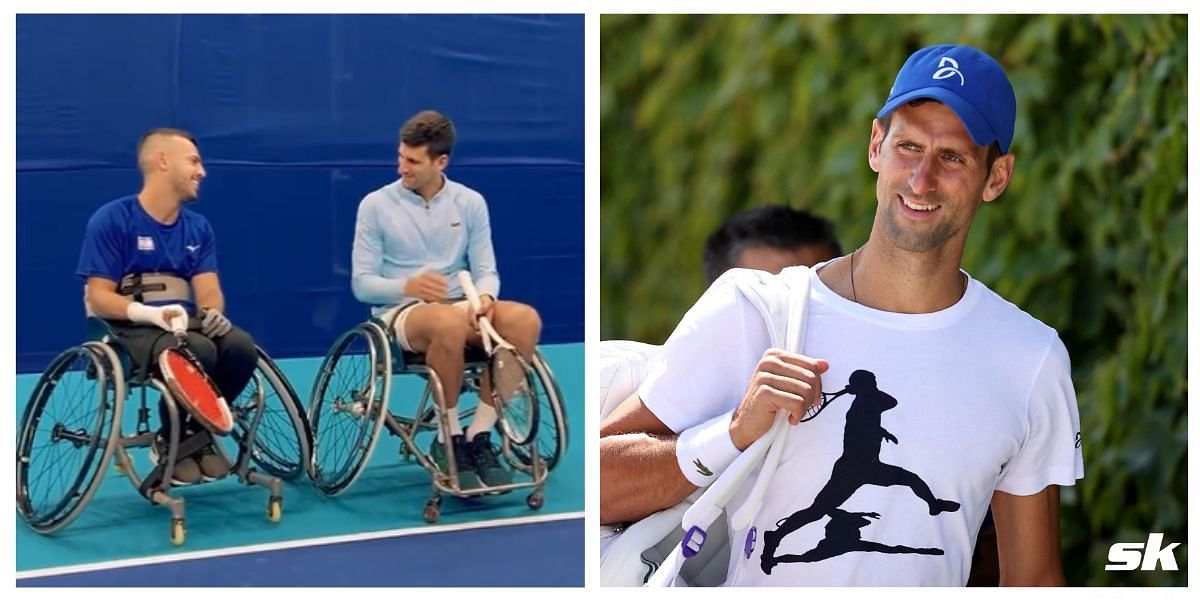 Novak Djokovic plays wheelchair tennis with Elay Chayot