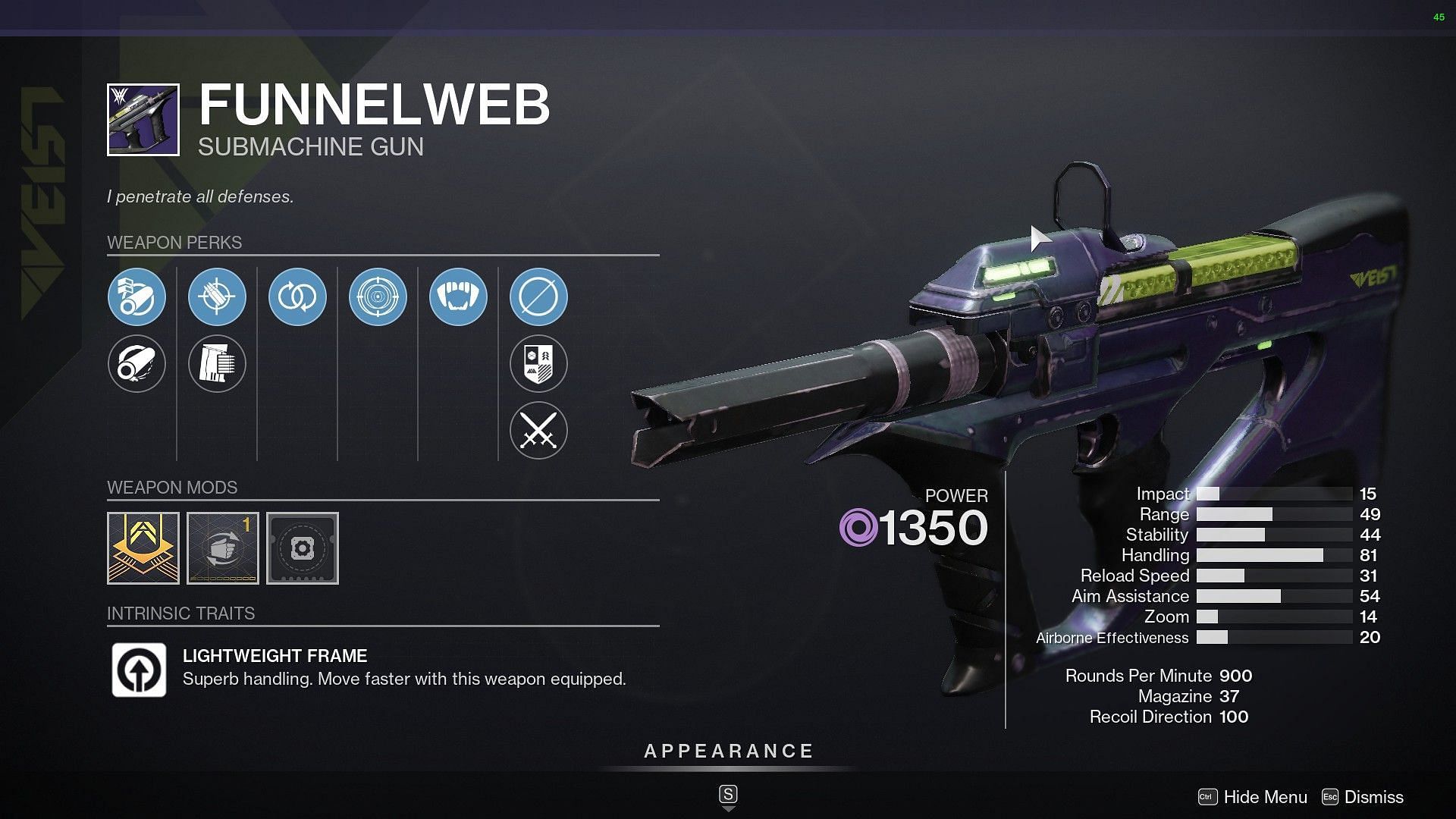 Funnelweb Legendary Submachine Gun for this week in Banshee-44 (Image via Destiny 2)