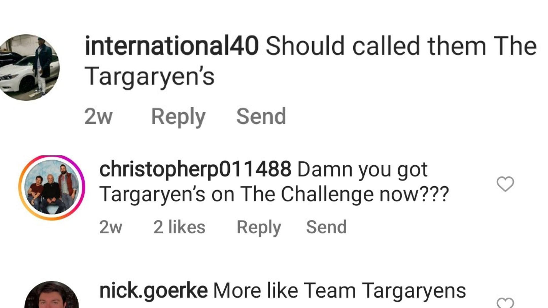 Fans compare the contestants to Targaryen (Image via thechallenge/Instagram)