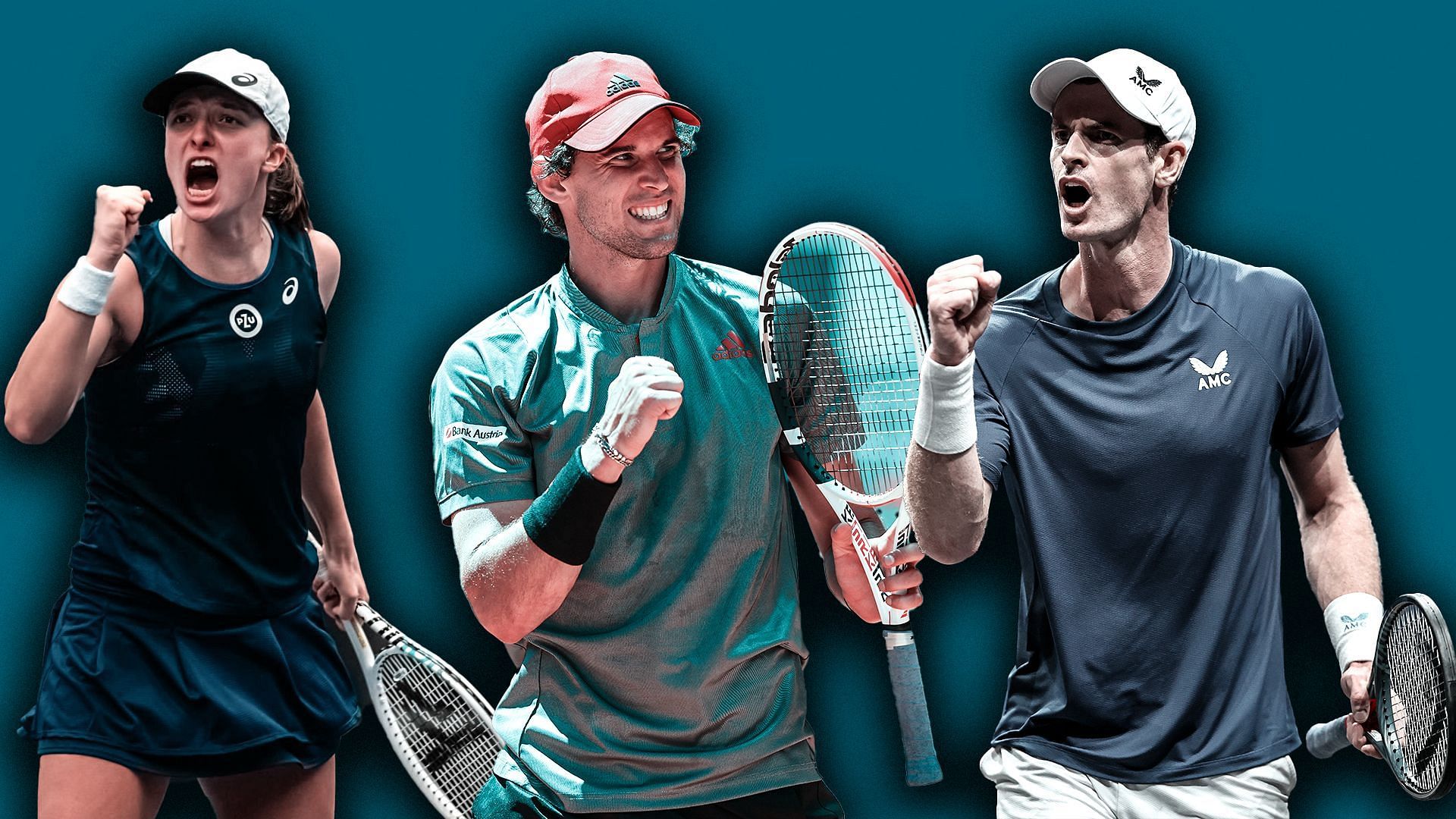 From L-R: Iga Swiatek, Dominic Thiem and Andy Murray.