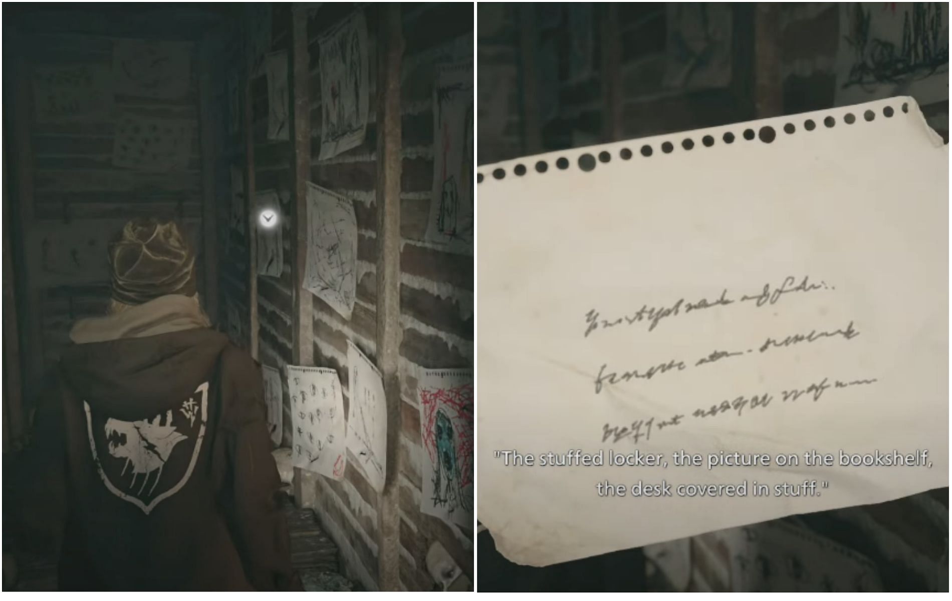 Dark area with spooky drawings (image via YouTube/ Hold To Reset)