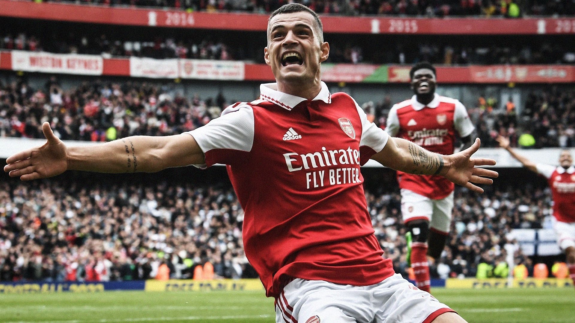 Granit Xhaka celebrates his second goal of the season, and Arsenal&#039;s third against North London rivals Tottenham Hotspur in October 2022.