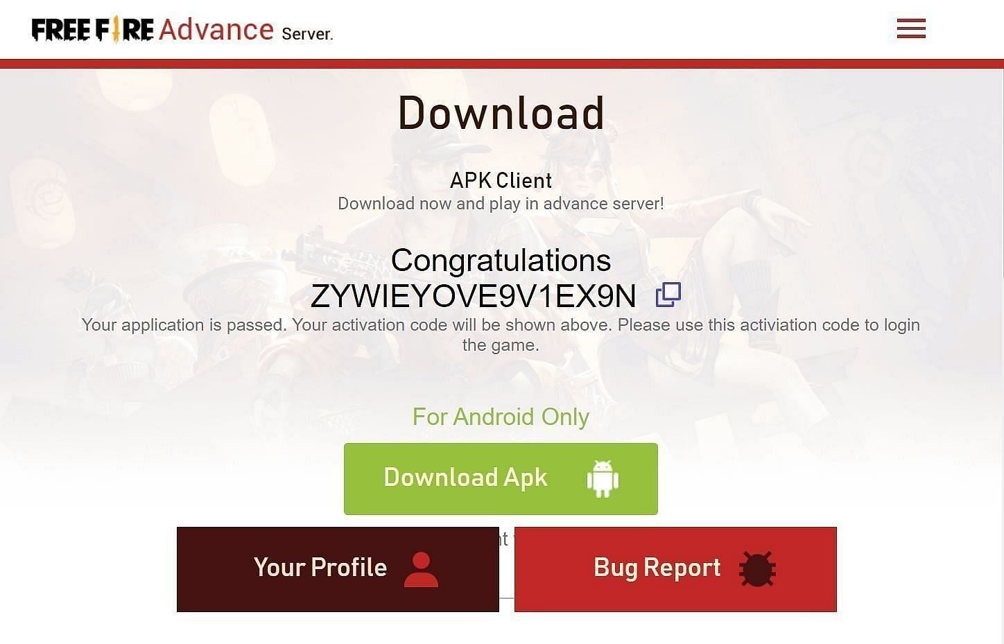 The activation code will be displayed on the same page (Image via Garena)