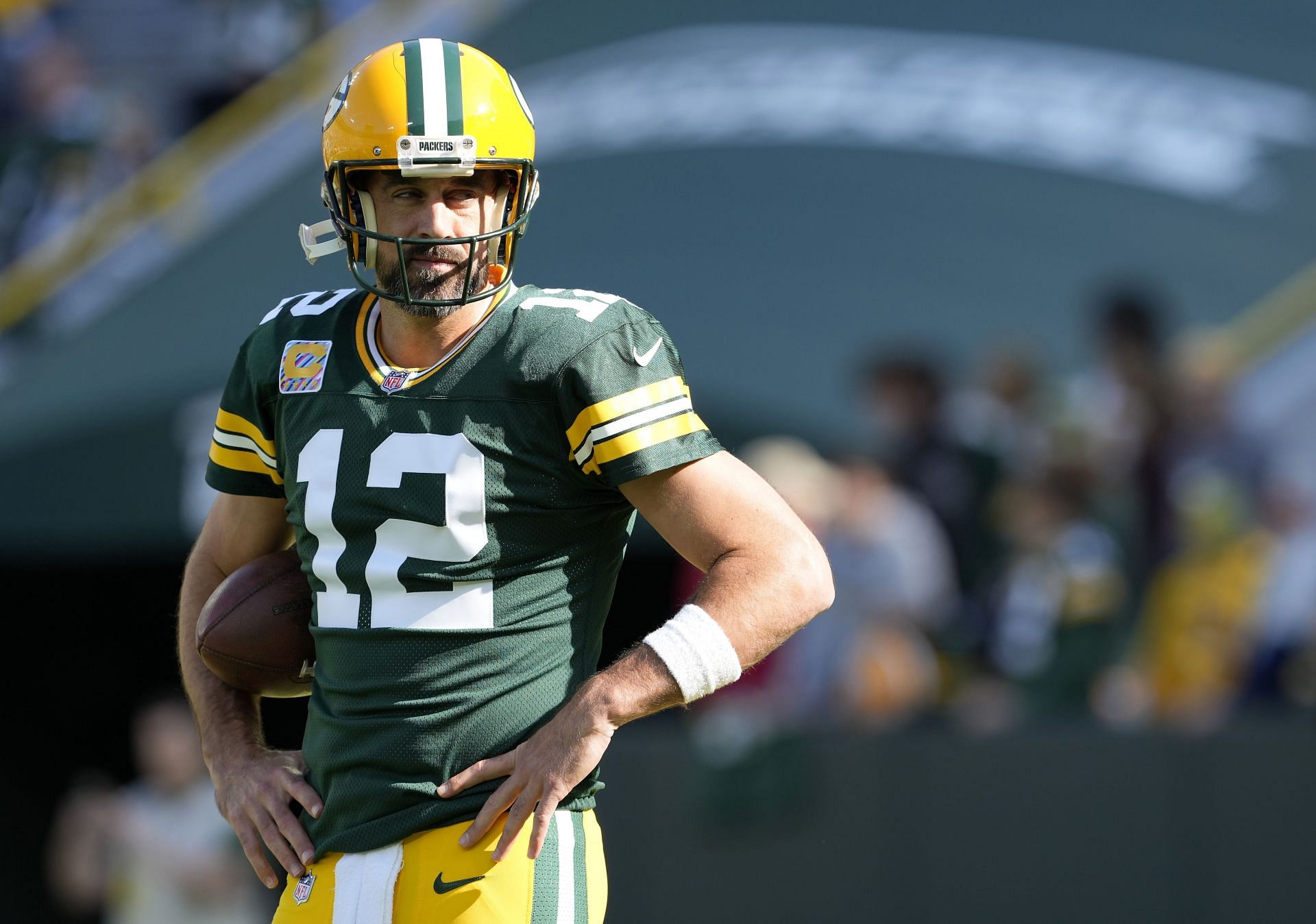 November 10, 2019: Green Bay Packers quarterback Aaron Rodgers #12 shouts  out instruction before the snap during the NFL Football game between the  Carolina Panthers and the Green Bay Packers at Lambeau