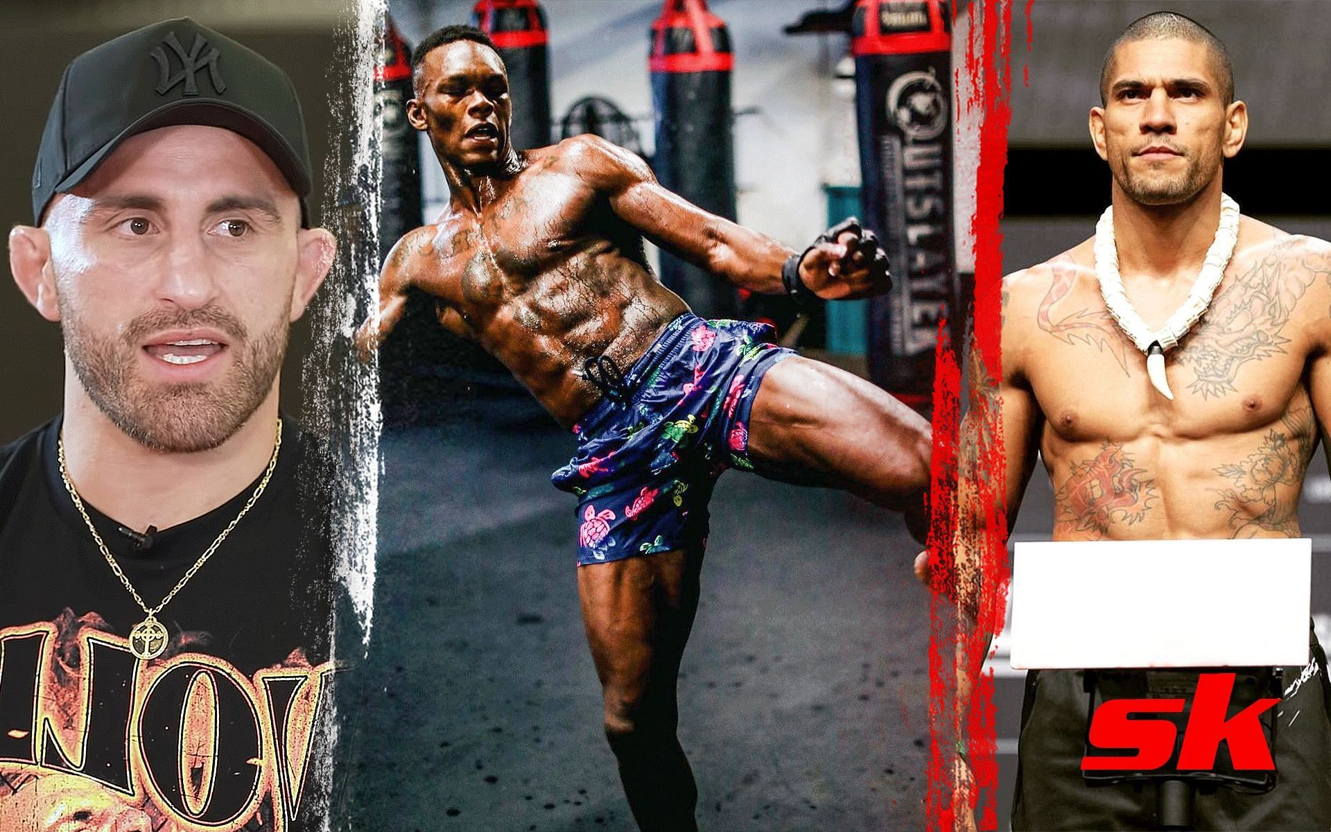 Alexnader Volkanovski (Left), Israel Adesanya (Middle), Alex Pereira (Right) [Image courtesy: @BTSport on YouTube, @stylebender and @alexpoatanpereira on Instagram]