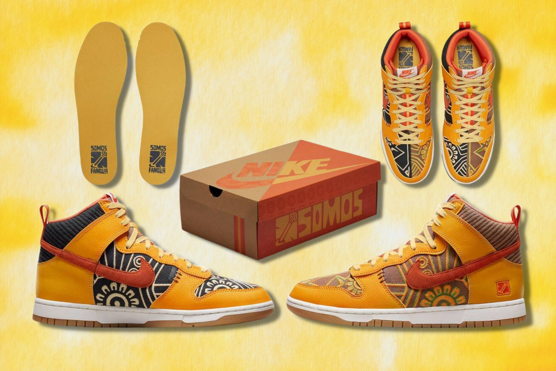 Here&#039;s a detailed look at the upcoming Nike Dunk High Somos Familia shoes (Image via Sportskeeda)
