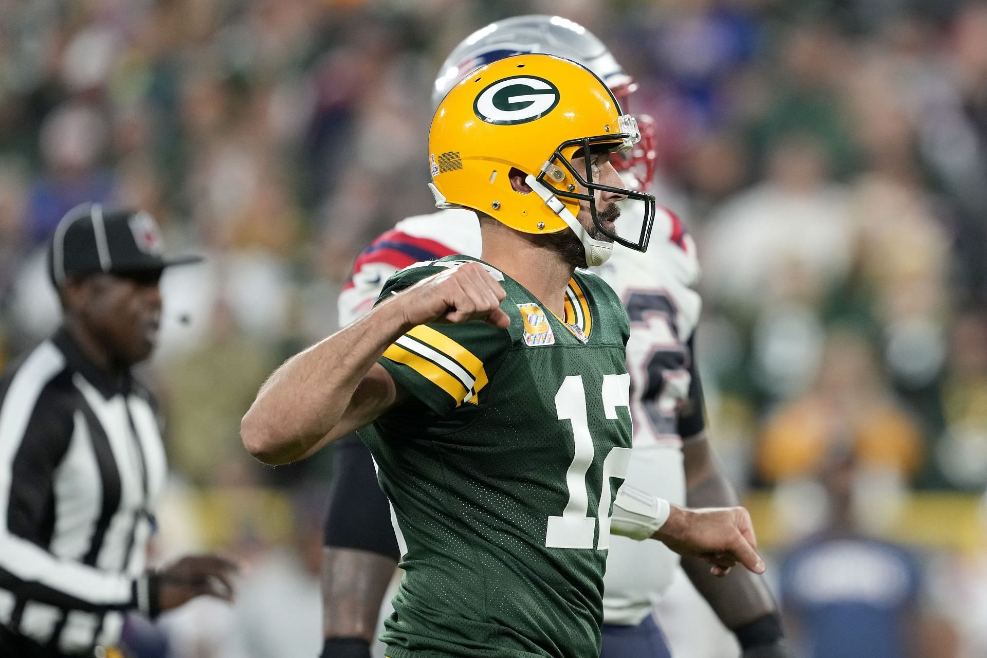 November 10, 2019: Green Bay Packers quarterback Aaron Rodgers #12 shouts  out instruction before the snap during the NFL Football game between the  Carolina Panthers and the Green Bay Packers at Lambeau