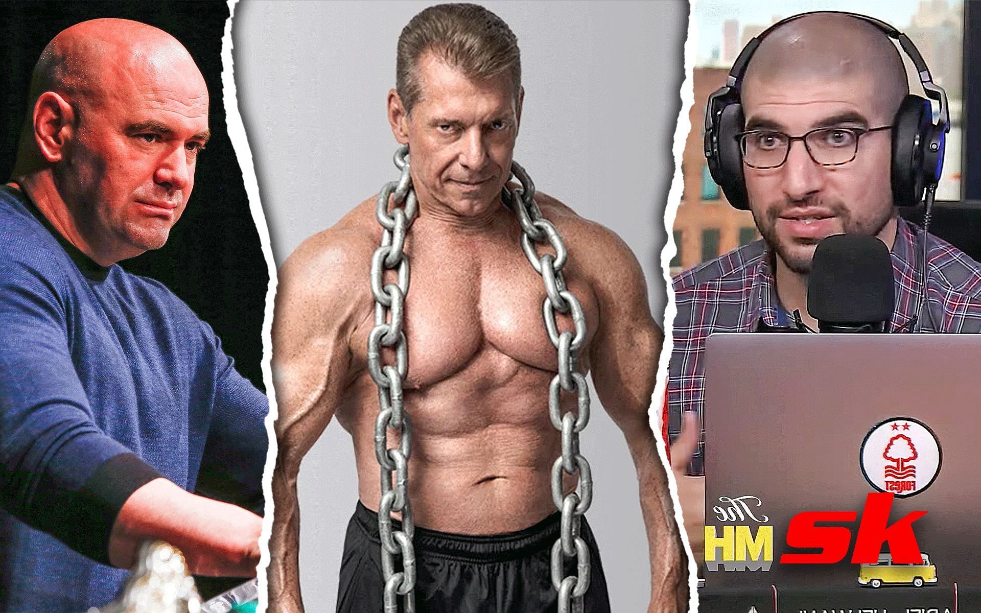 Dana White (left), Vince McMahon (center), &amp; Ariel Helwani (right) [Photo credit: MMA Fighting YT | muscleandfitness.com]