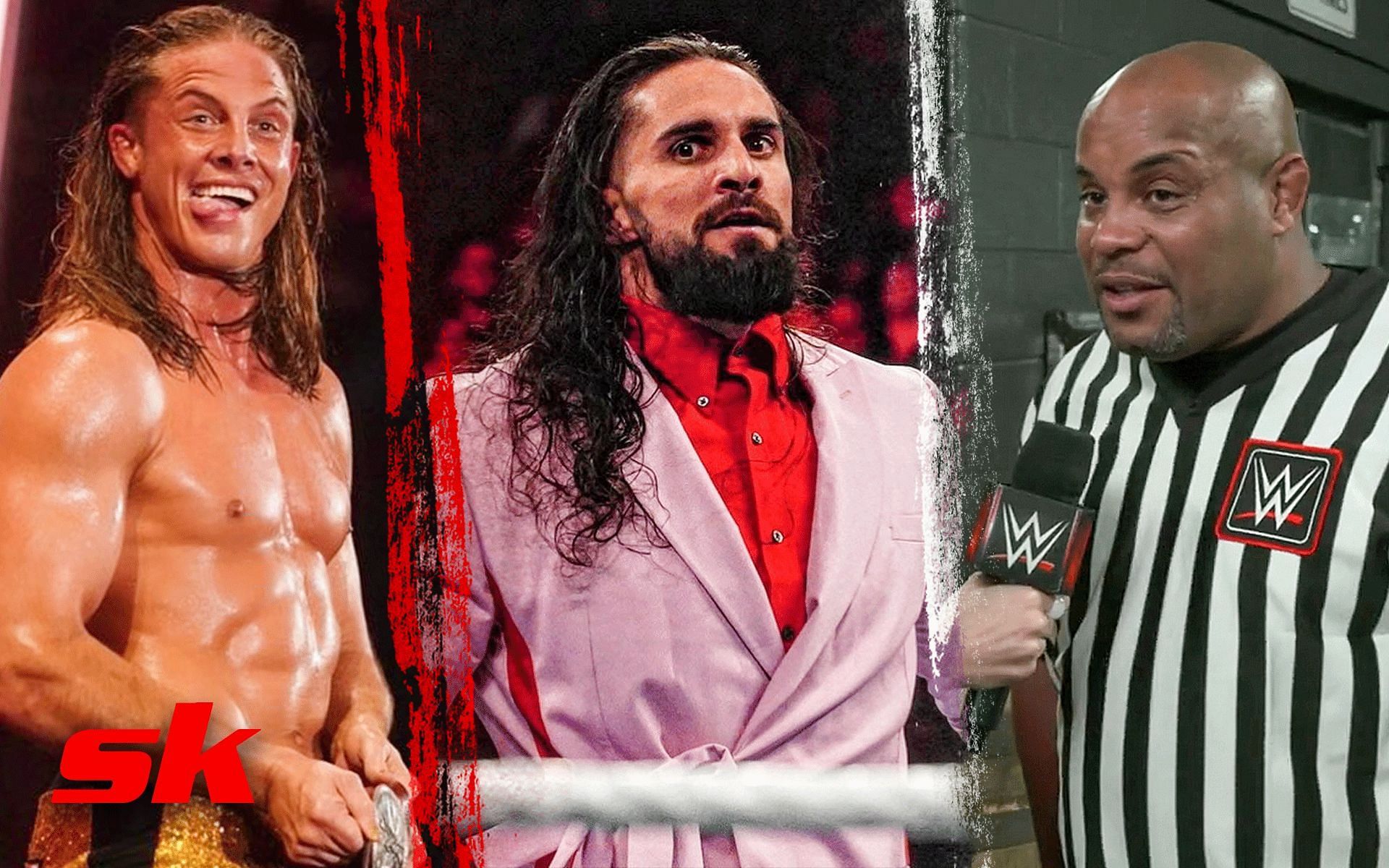 Matt Riddle (left), Seth Rollins (middle) and Daniel Cormier (right) [Image credits: wwe.com, @wwerollins and @riddlebro on Instagram]