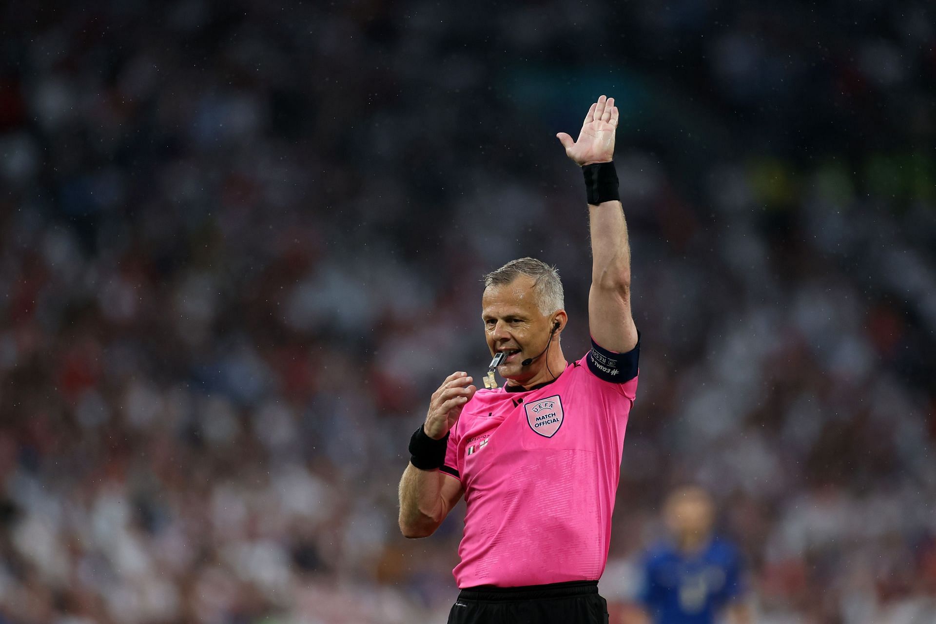 Referee, Bjoern Kuipers gestures during the UEFA Euro 2020 Championship Final between Italy and England at Wembley Stadium.