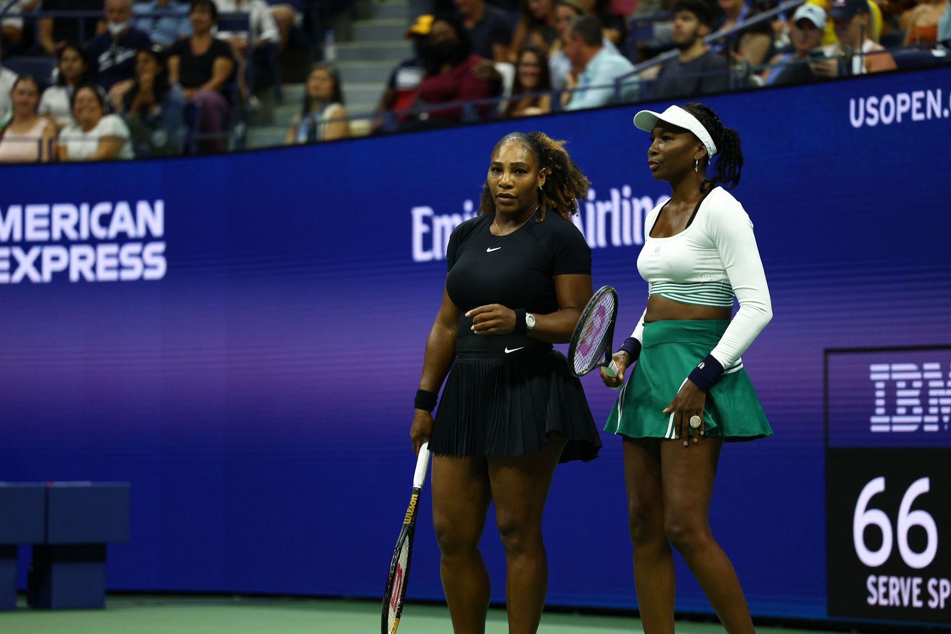 Serena Williams and Venus Williams during their first-round match against Lucie Hradecka and Linda Noskova at the 2022 US Open - Day 4