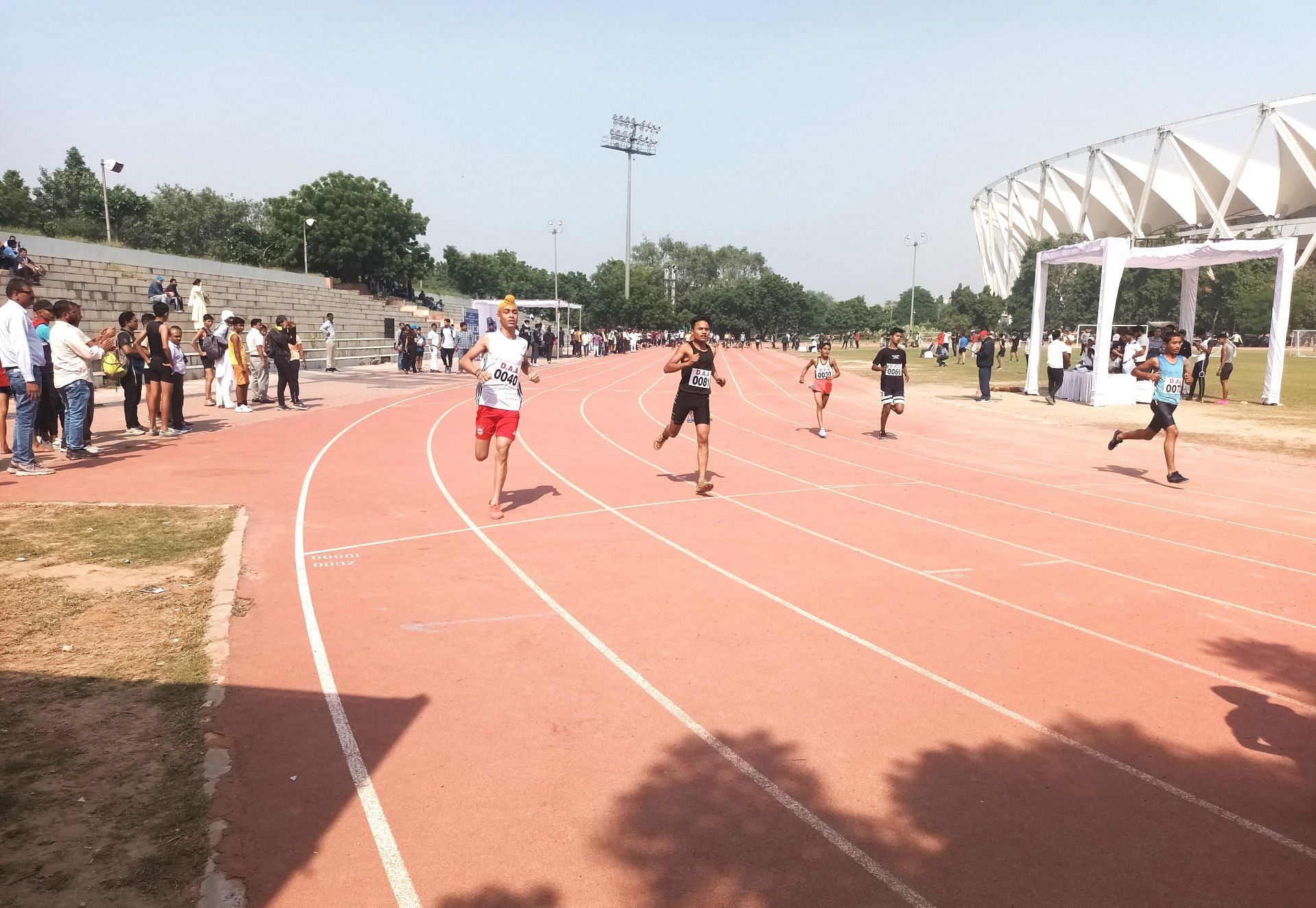 Track event in progress on the opening day of the Delhi State Open Athletics Championships at JNS on Monday. Photo credit Navneet Singh