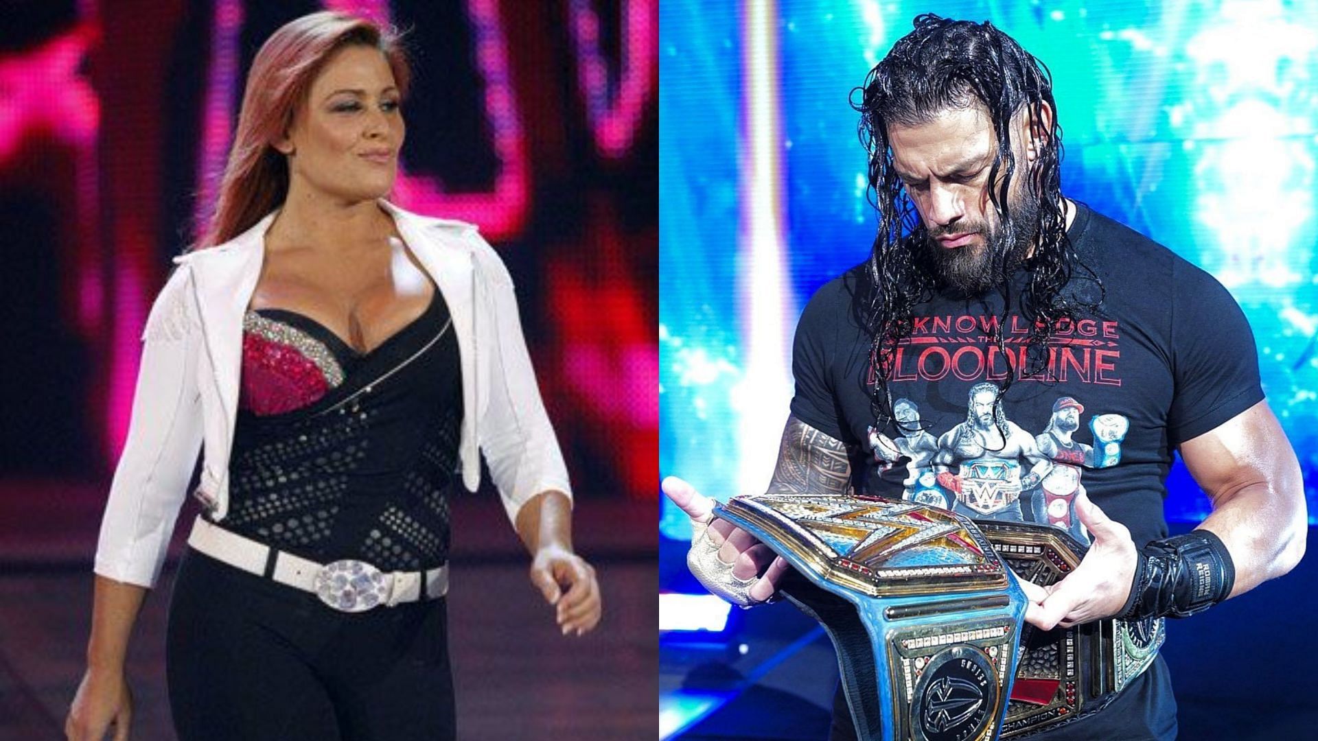 Natalya (left) and the Undisputed WWE Universal Champion Roman Reigns (right)
