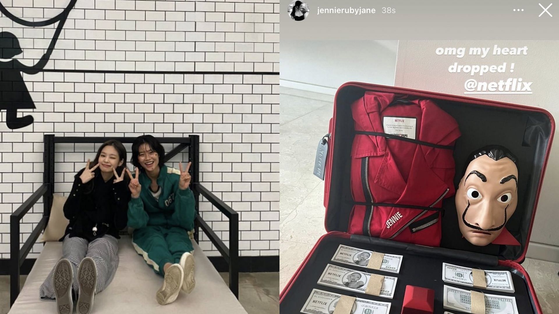 Jennie with actress Jung Ho-yeon and her gifts from the cast of Money Heist (Images via Instagram/jennierubyjane) 