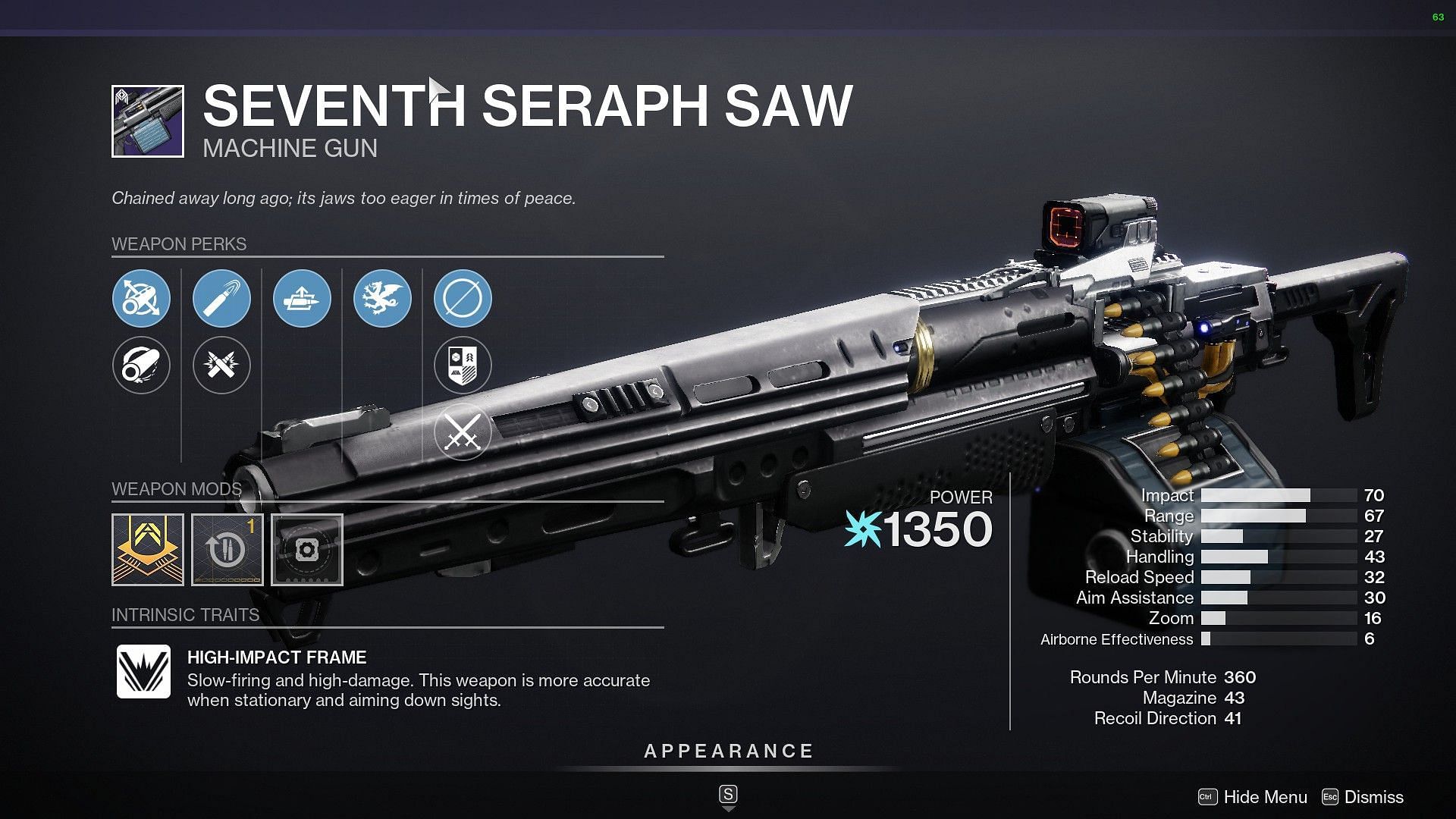 Seventh Seraph Saw Machine Gun this week at Xur (Image via Destiny 2)