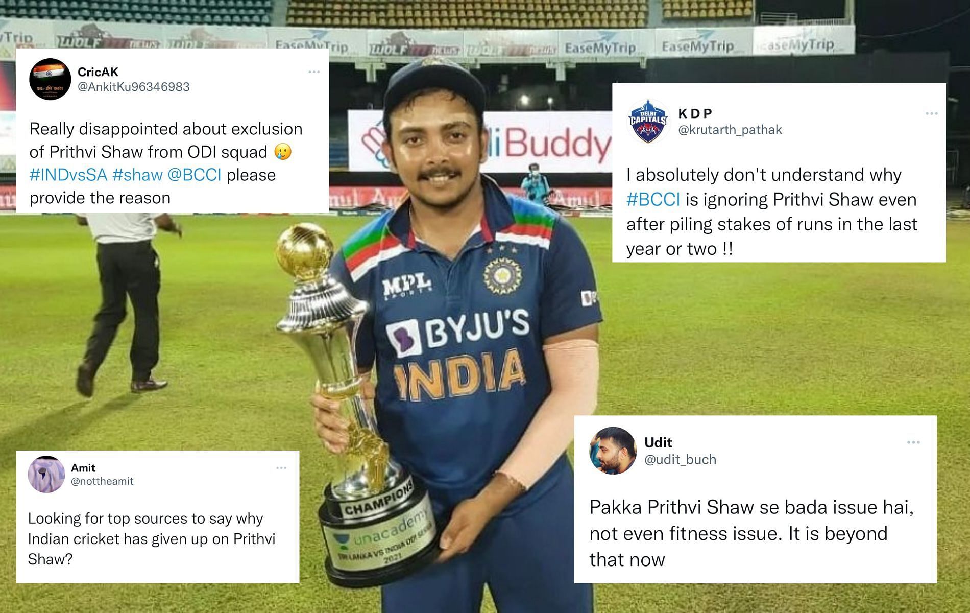 Prithvi Shaw absence from Team India has surprised many fans (Pics: Twitter)