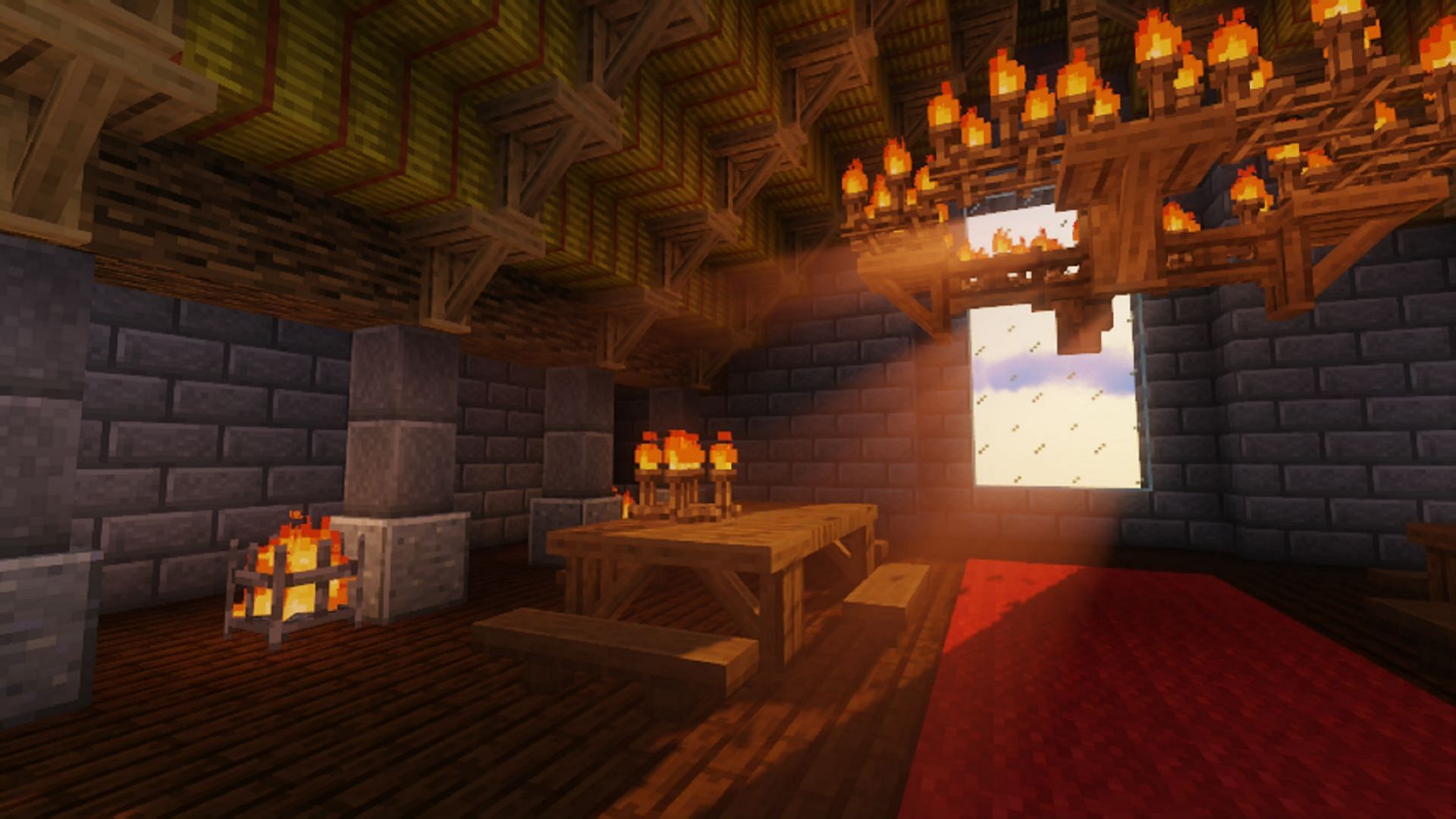 A medieval castle dining hall using blocks from the Decorative Blocks mod (Image via stohun/CurseForge)