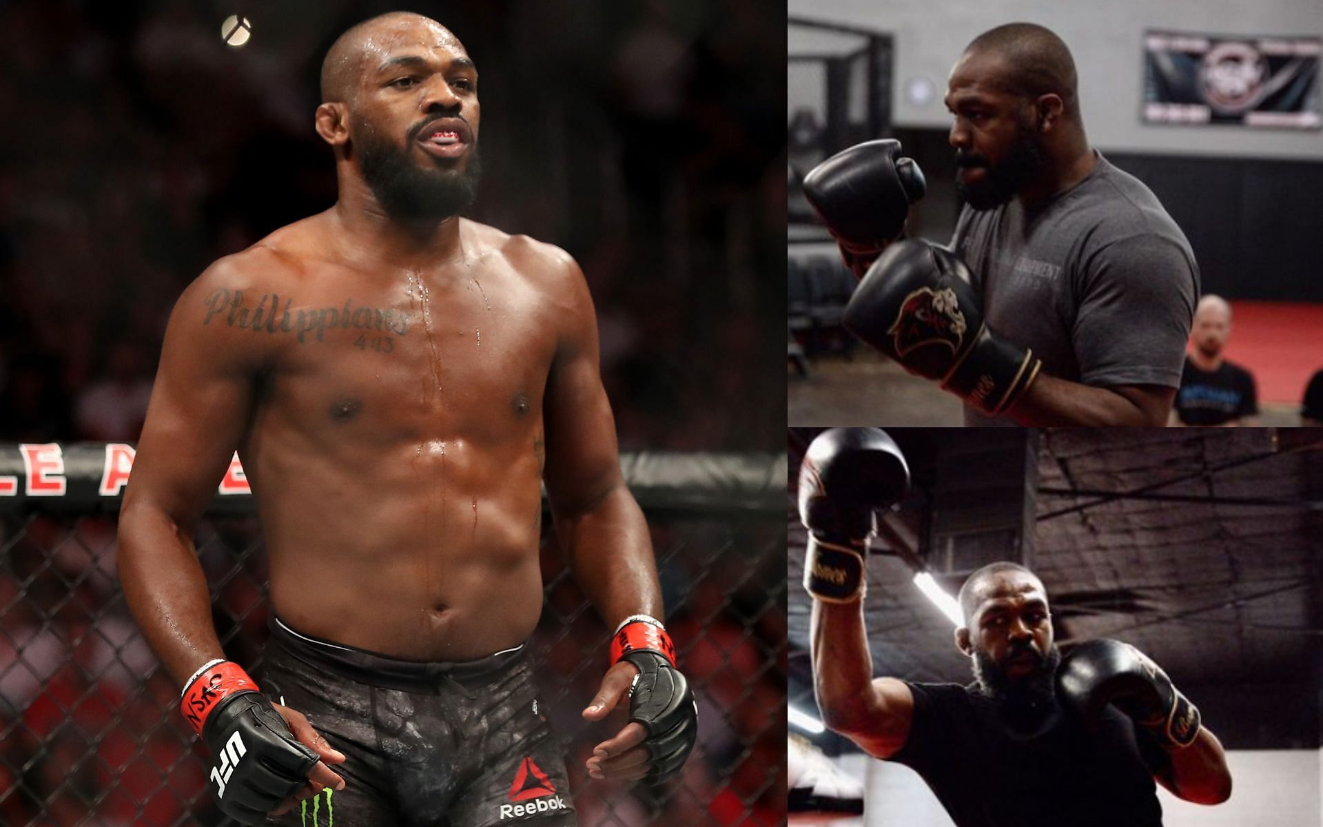 Jon Jones and his recent training images (right). [Images courtesy: left image from Getty Images and right images from Instagram @jonnybones]
