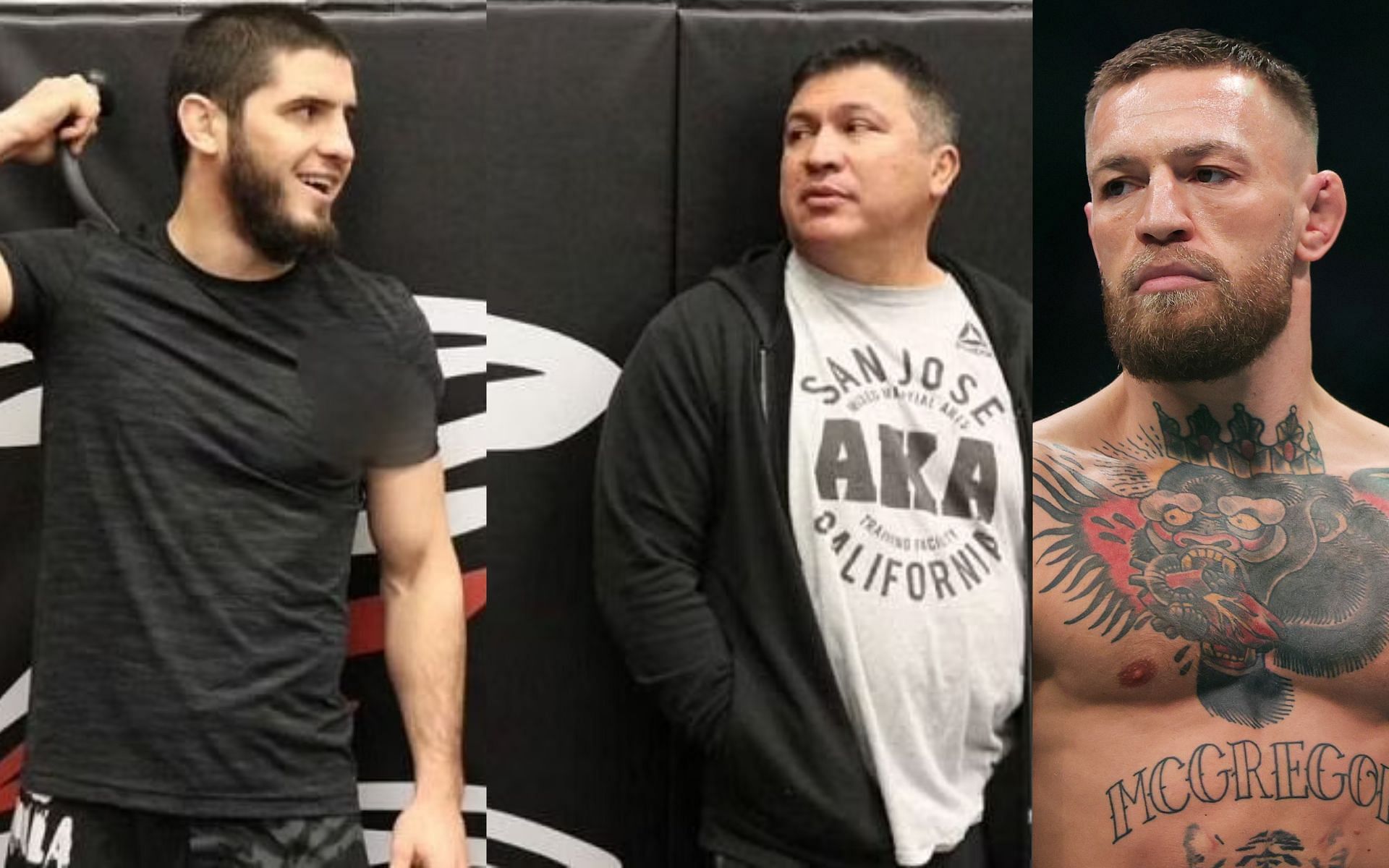 Islam Makhachev (left), Javier Mendez (center), and Conor McGregor (right). [Images courtesy: left and center from Instagram @islam_makhachev and right from Getty Images]