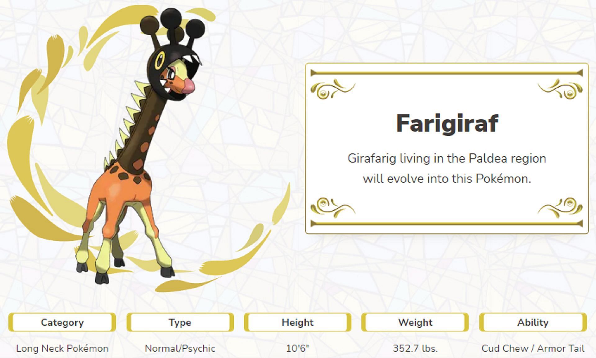 Information released for Farigiraf on the franchise&#039;s official site (Image via The Pokemon Company)