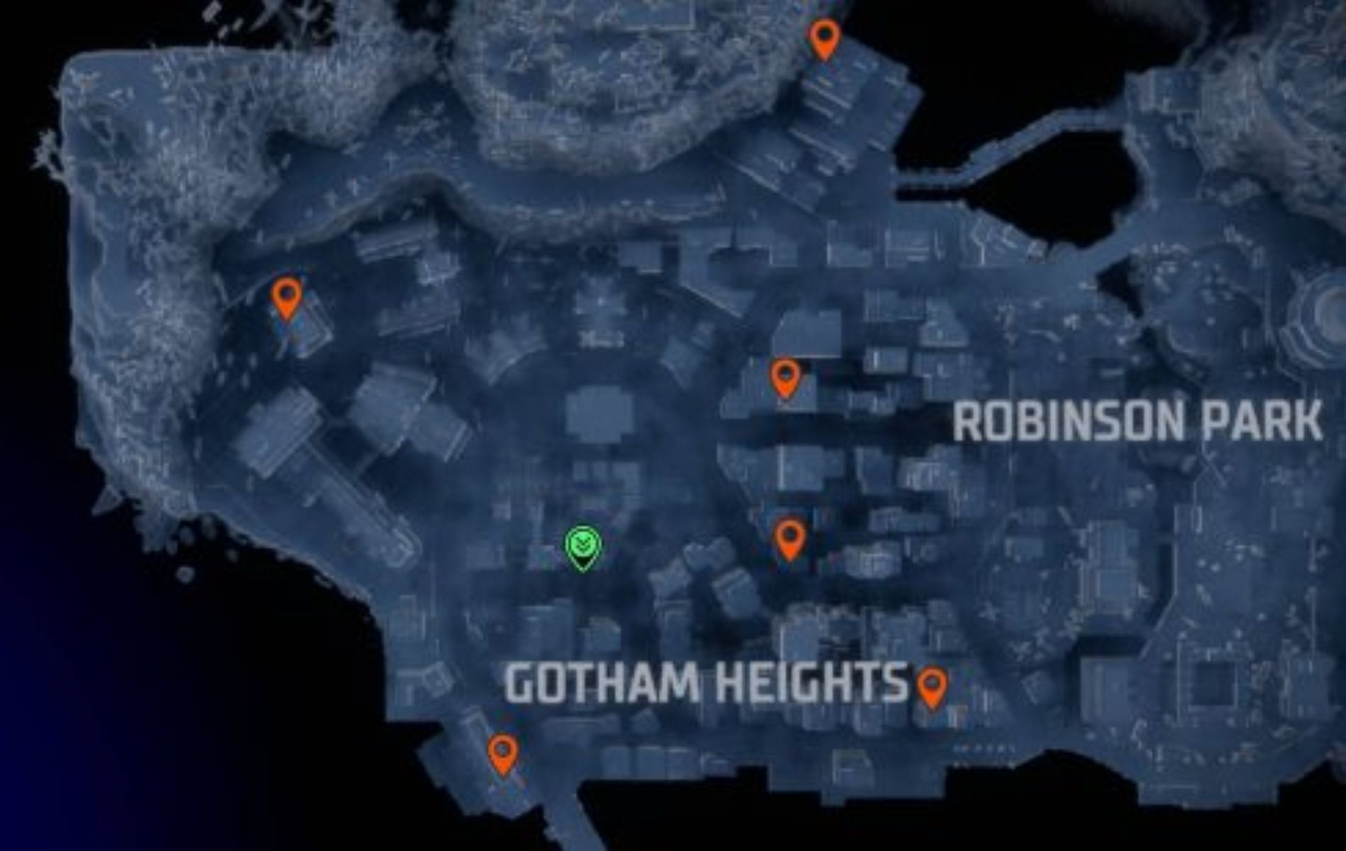 Head to the orange markers shown on the maps to track down Batarangs in Gotham Knights (image via WB Games)