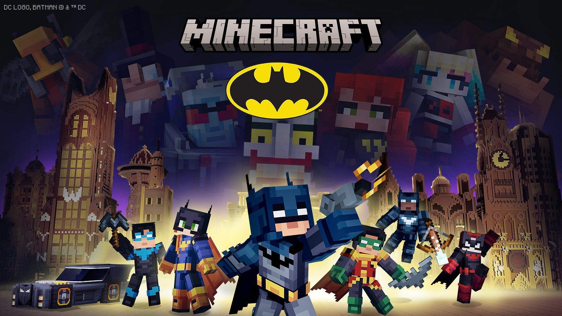 Minecraft batman. Бэтмен майнкрафт. Майнкрафт Готэм Сити. Майнкрафт персонажи. DLC Minecraft.