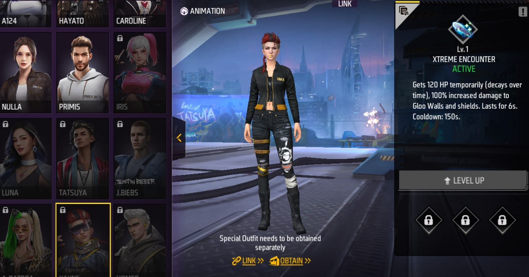 Tap on the LINK button given under any locked character in Free Fire MAX (Image via Garena)