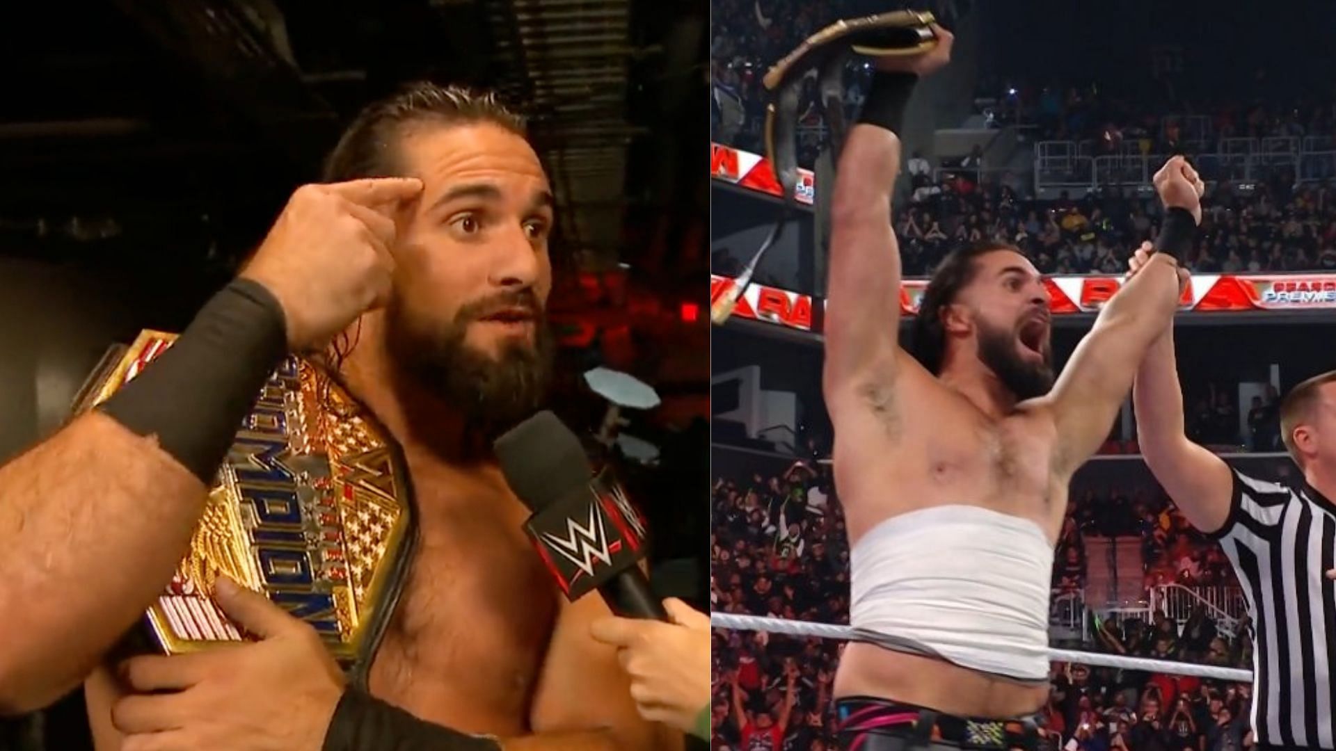 Seth Rollins celebrates winning the United States Title on WWE RAW