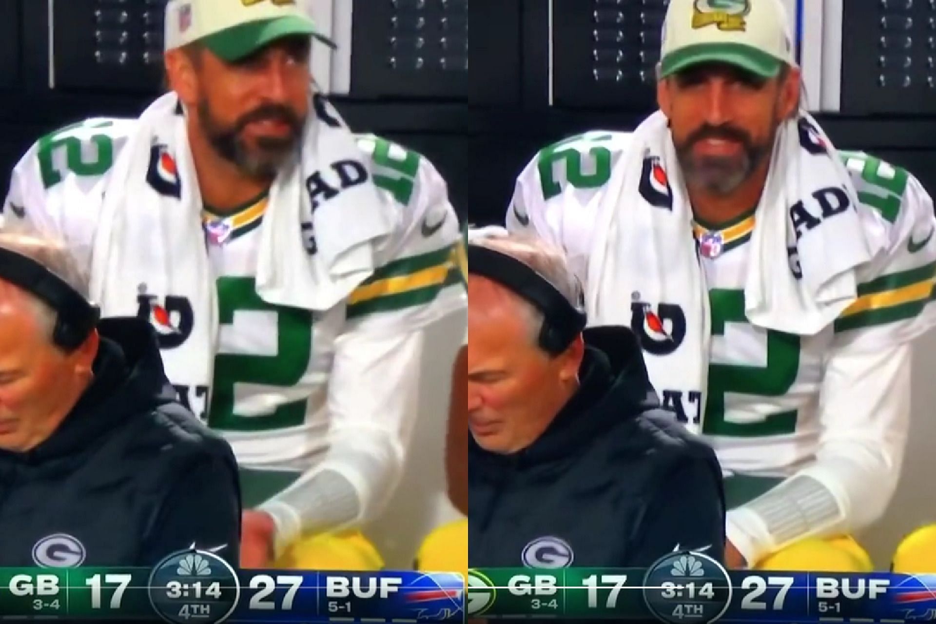 Aaron Rodgers at the sideline during the loss to the Bills.
