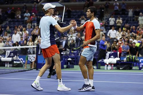 Jannik Sinner (L) and Carlos Alcaraz pictured at the 2022 US Open.