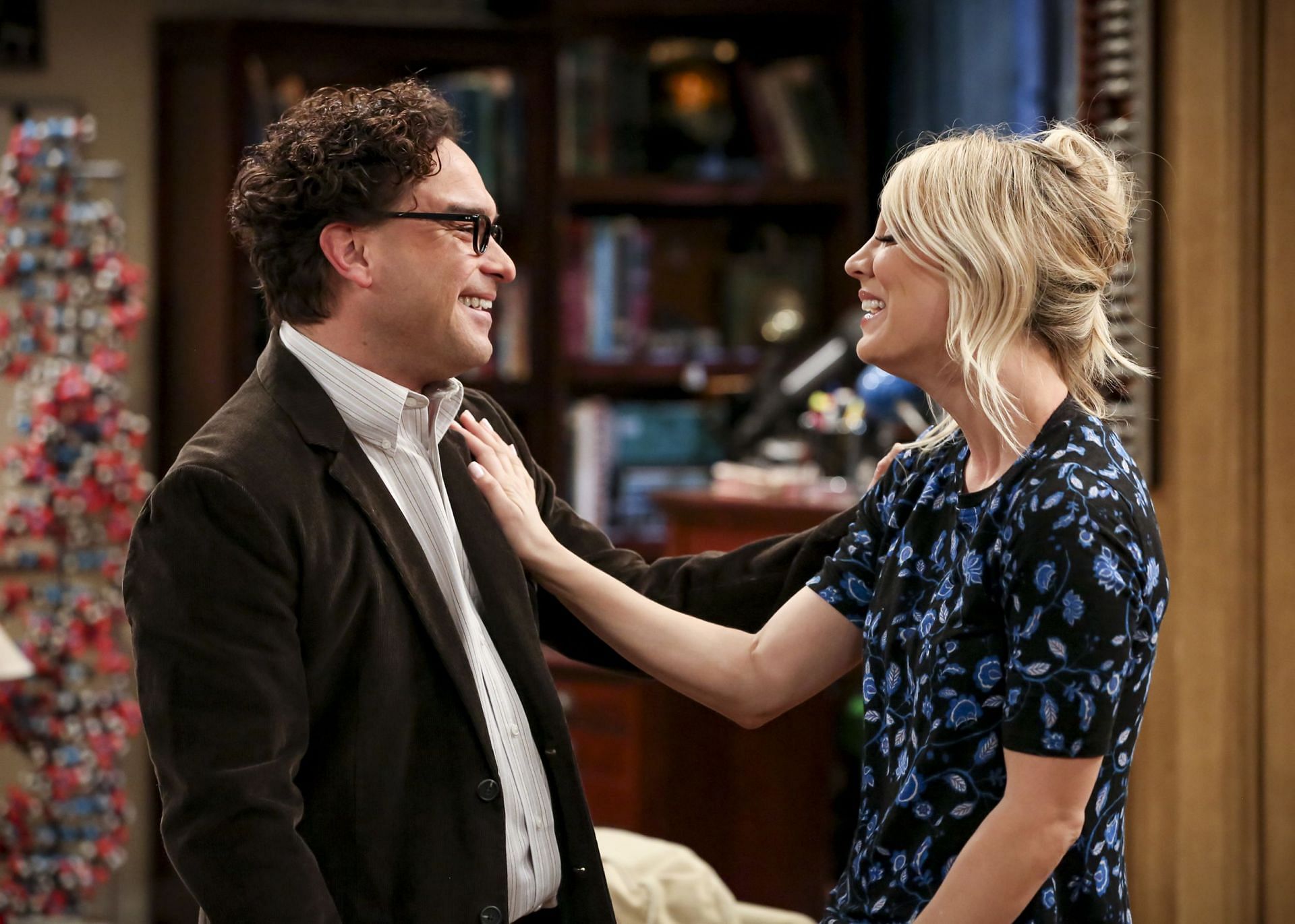 Kaley Cuoco and Johnny Galecki on the sets of The Big Bang Theory/CBS via Getty Images