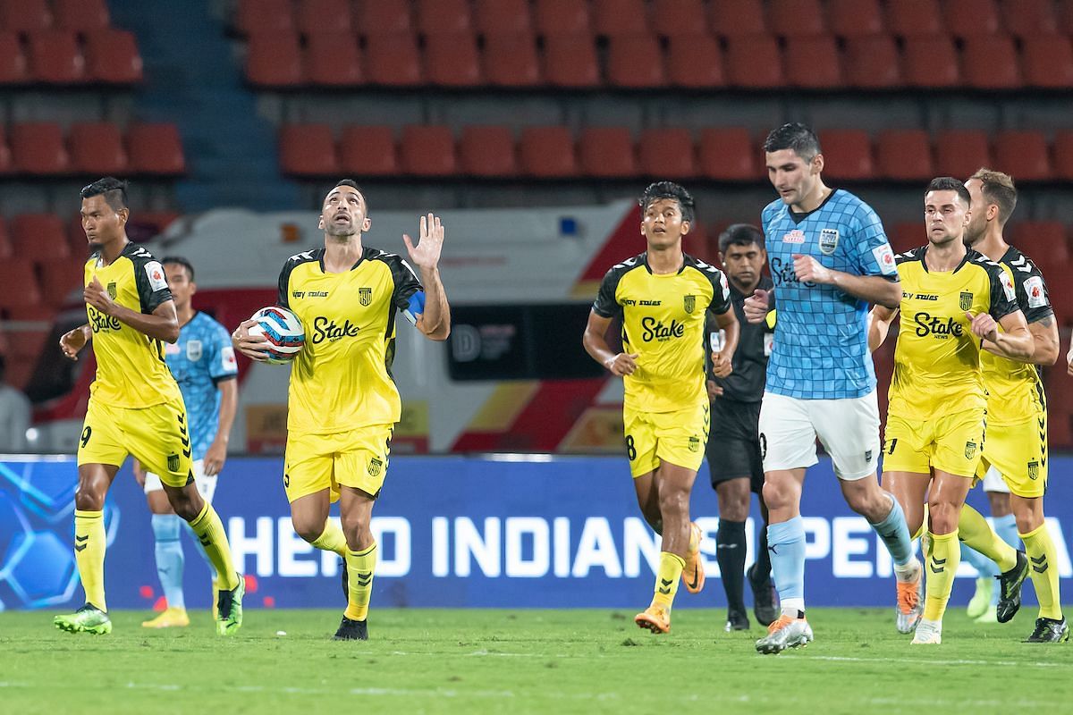 Hyderabad FC player celebrate after scoring their third goal. (Img courtesy: ISL Media)