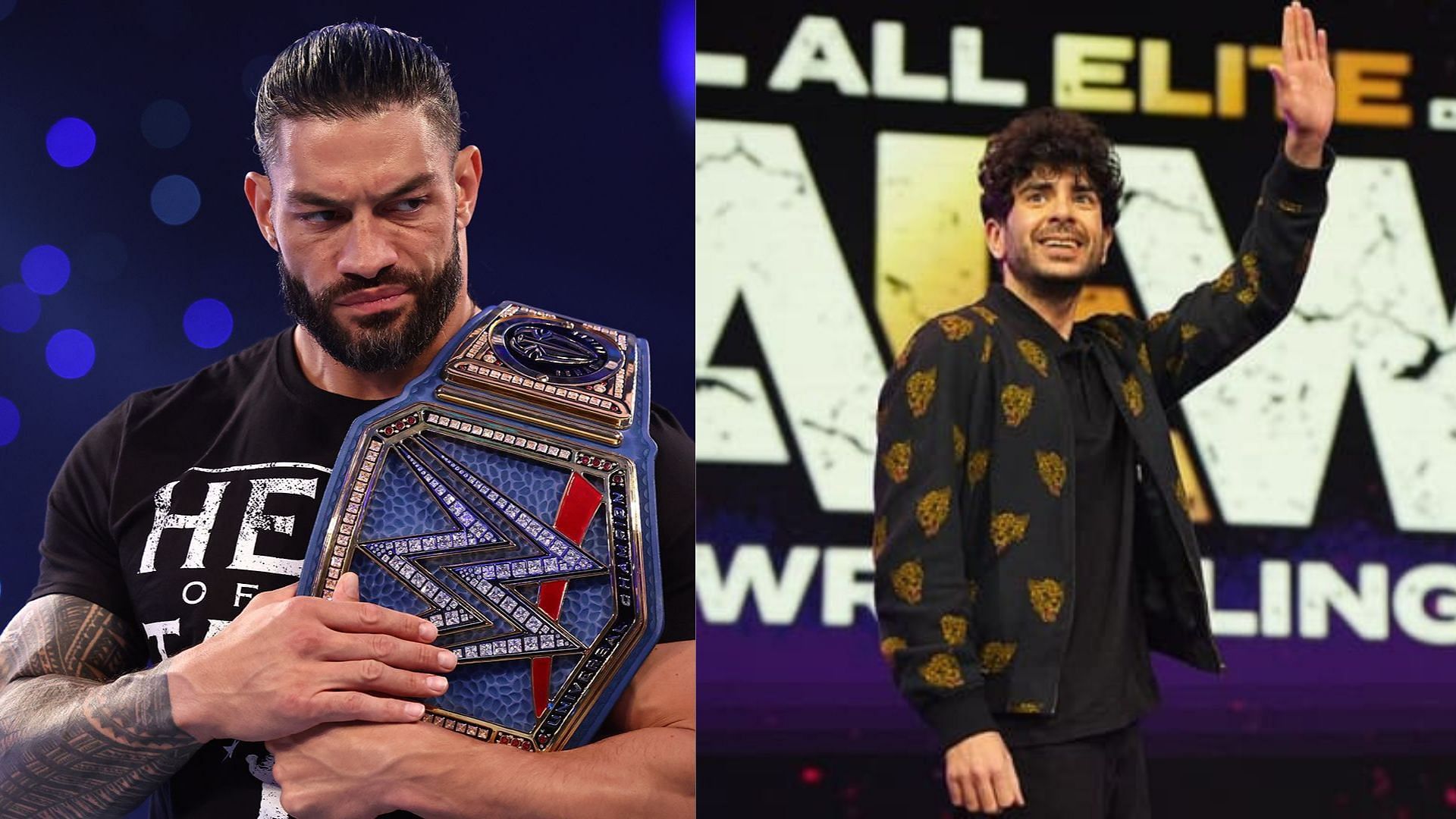 WWE Superstar Roman Reigns (left); AEW President Tony Khan (right)