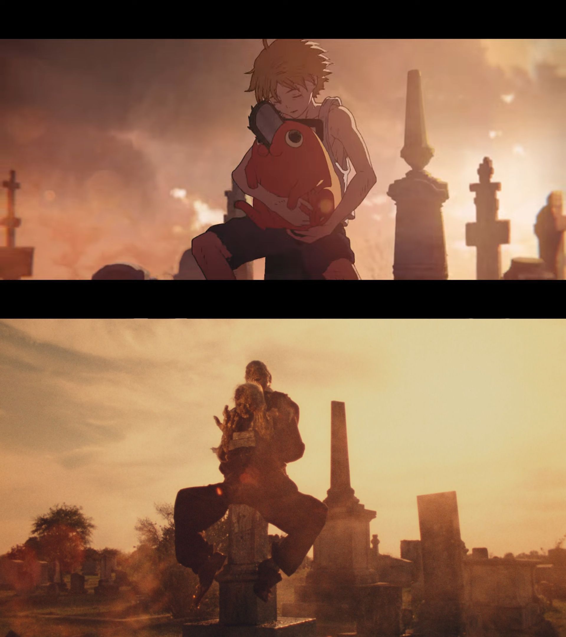 Denji sitting on a tombstone looks similar to scene from The Texas Chain Saw Massacre (Image via Sportskeeda)