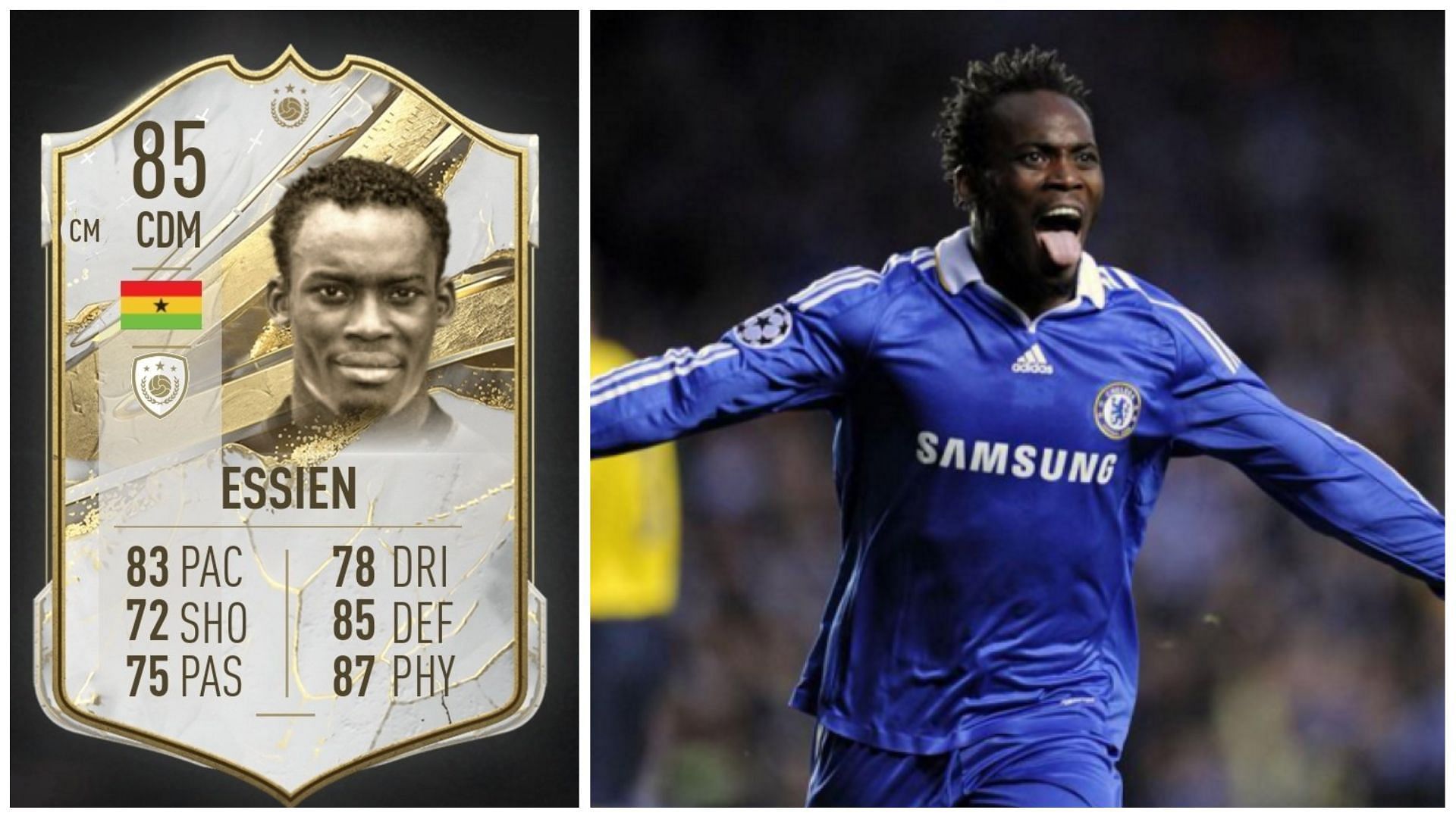 Base Icon Michael Essien is available as an SBC in FIFA 23 (Images via EA Sports and Getty Images)