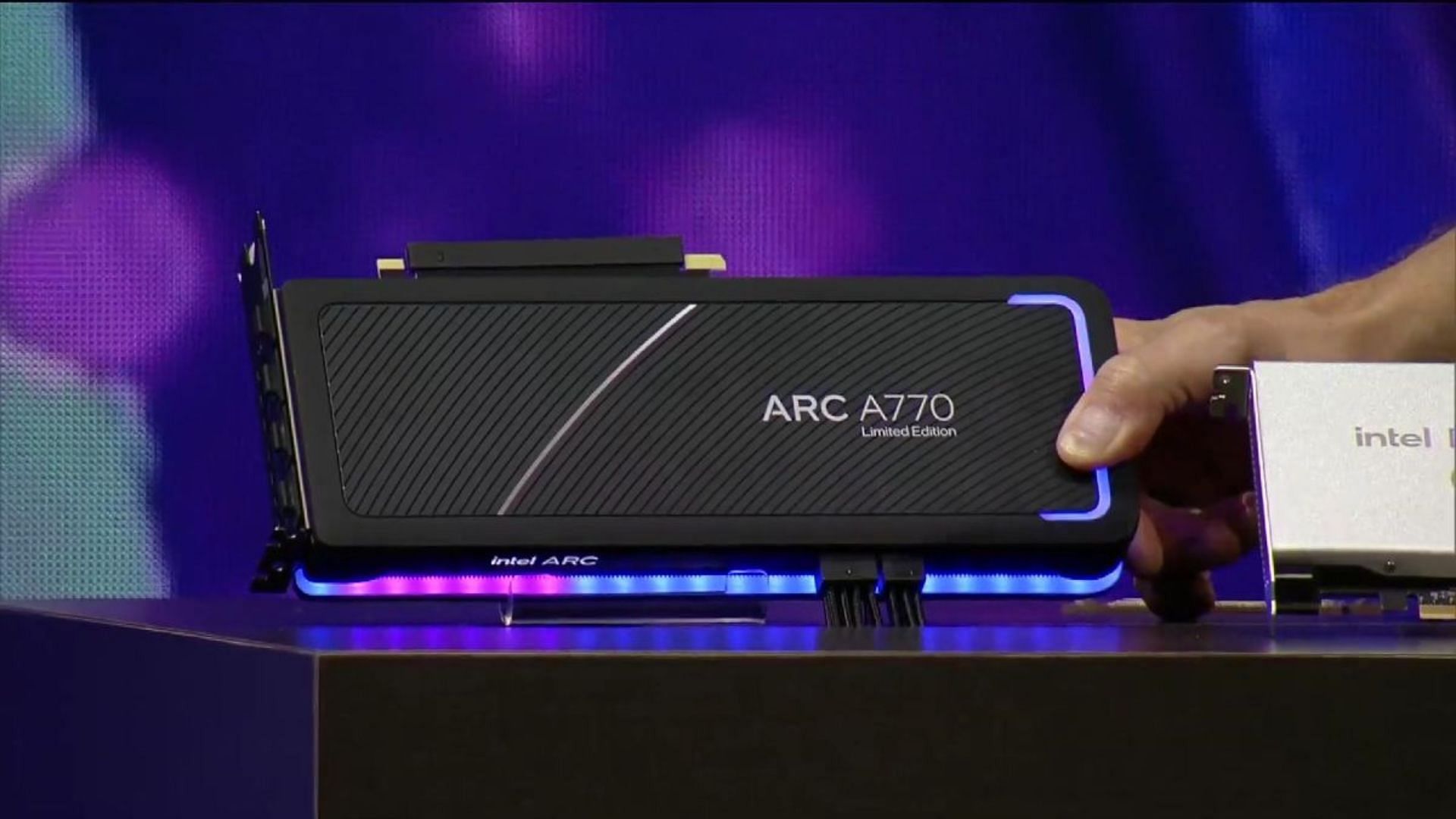 Intel CEO Pat Gelsinger showcases the ARC A770 GPU (Image via Intel)