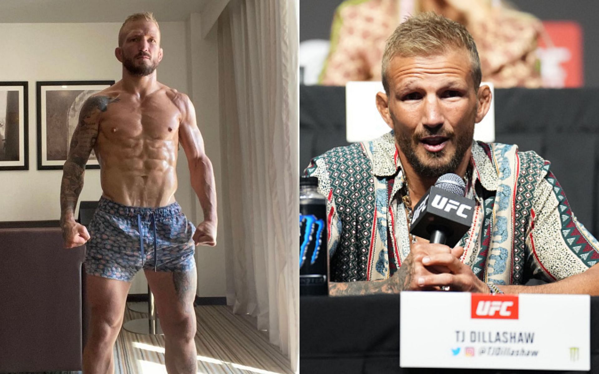 T.J. Dillashaw (left)(Image via Instagram @TJDillashaw) and Dillashaw at UFC 280 press conference (Image via Getty)