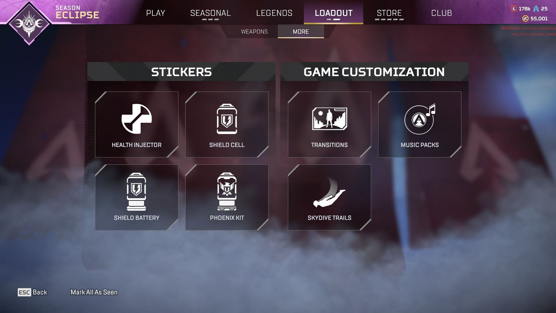In-game footage of the Sticker menu under the Loadout in season 15 (image via EA)