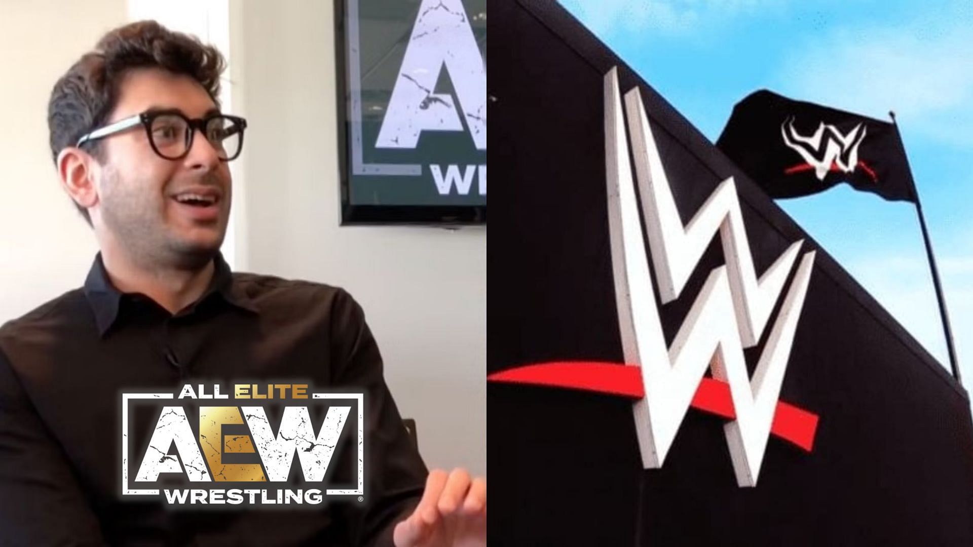 Tony Khan (left), WWE building (right)