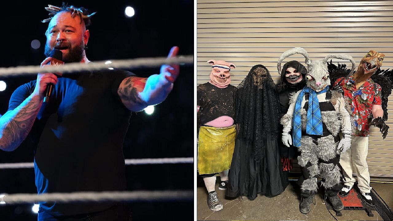 Bray Wyatt (left); real-life versions of the Firefly Fun House characters (right)