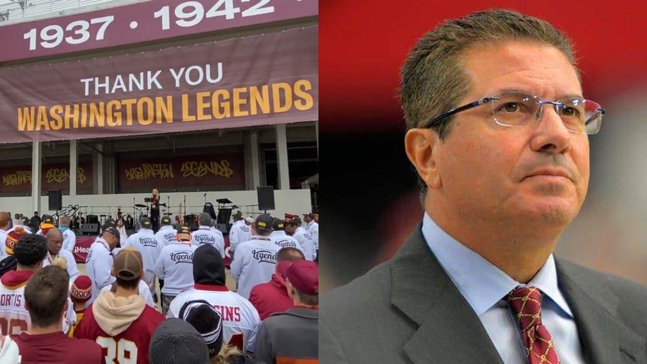 The Washington Commanders held a rally for former players (left), team owner Dan Snyder (right). 