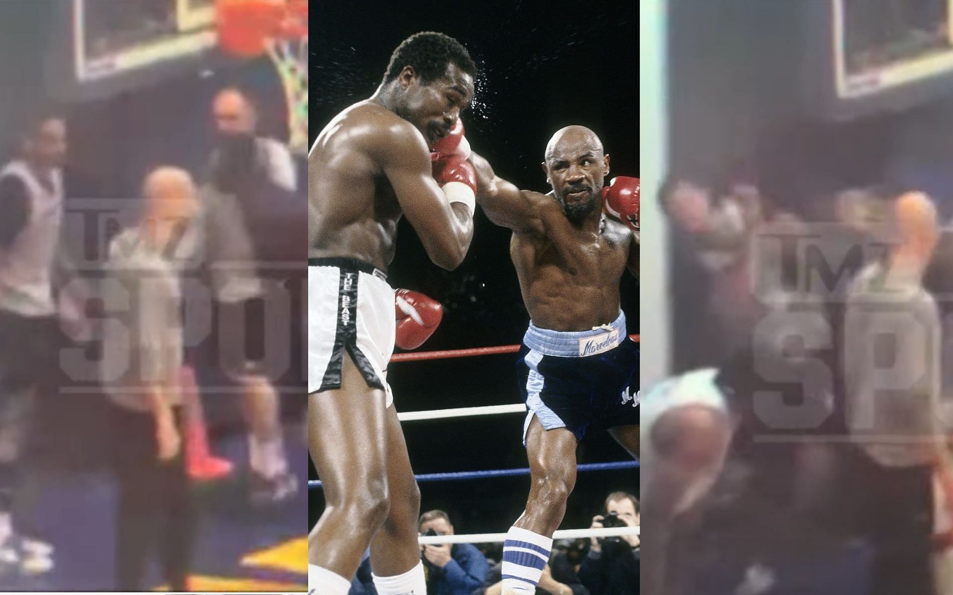 Draymond Green punching Jordan Poole (left), Marvin Hagler vs. John Mugabi (middle) and Green and Poole (right)[Images courtesy: @TMZSports]
