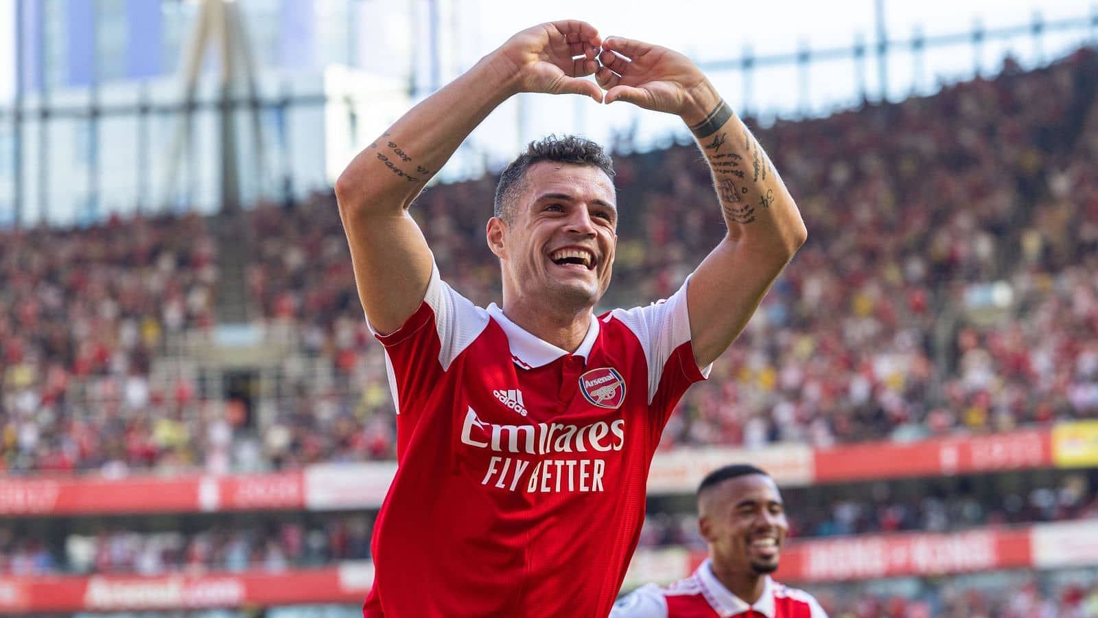 Granit Xhaka celebrating his first goal of the season against Leicester in August 2022