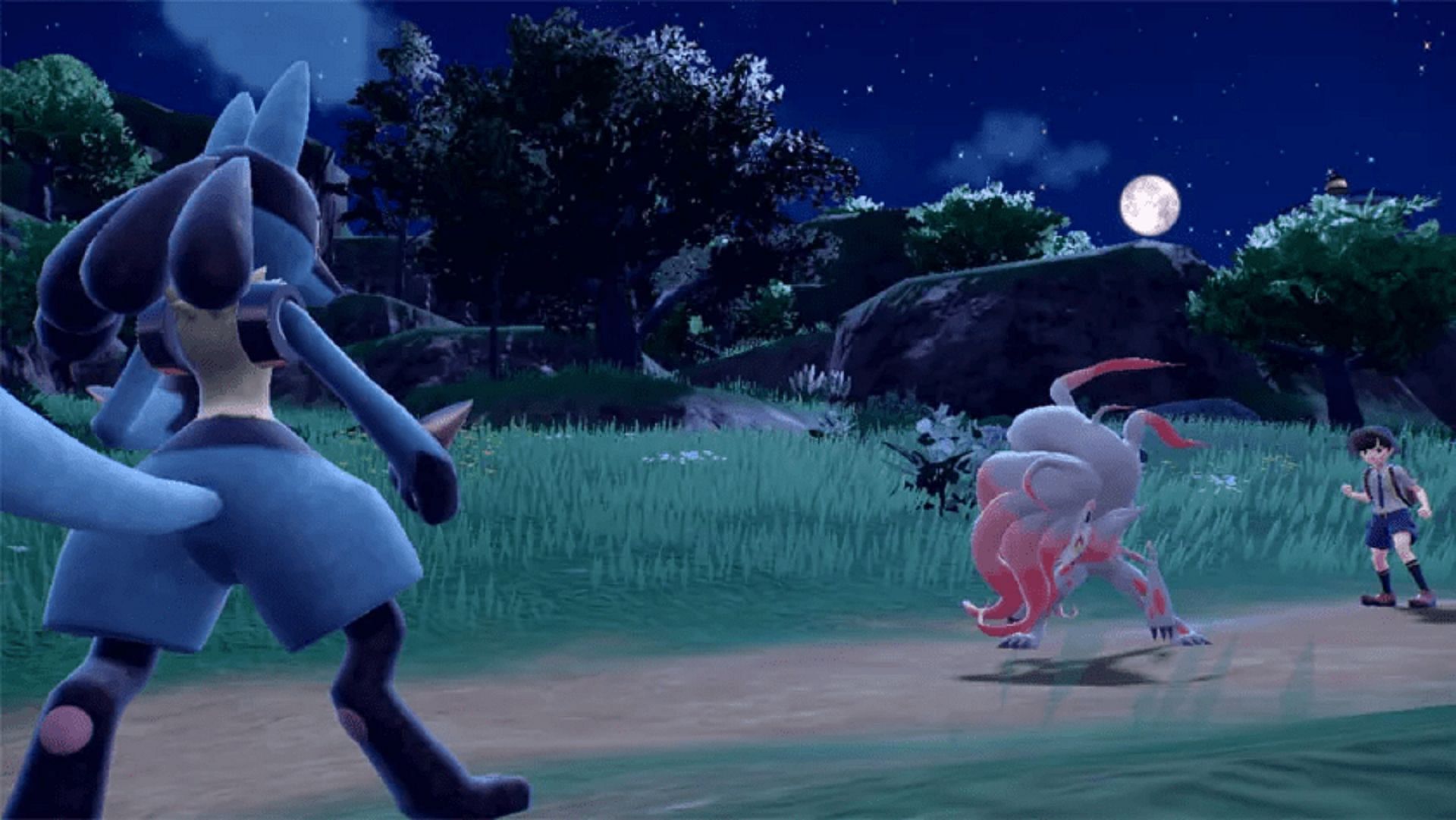 Lucario faces off against Hisuian Lycanroc in a trainer battle (Image via Game Freak)