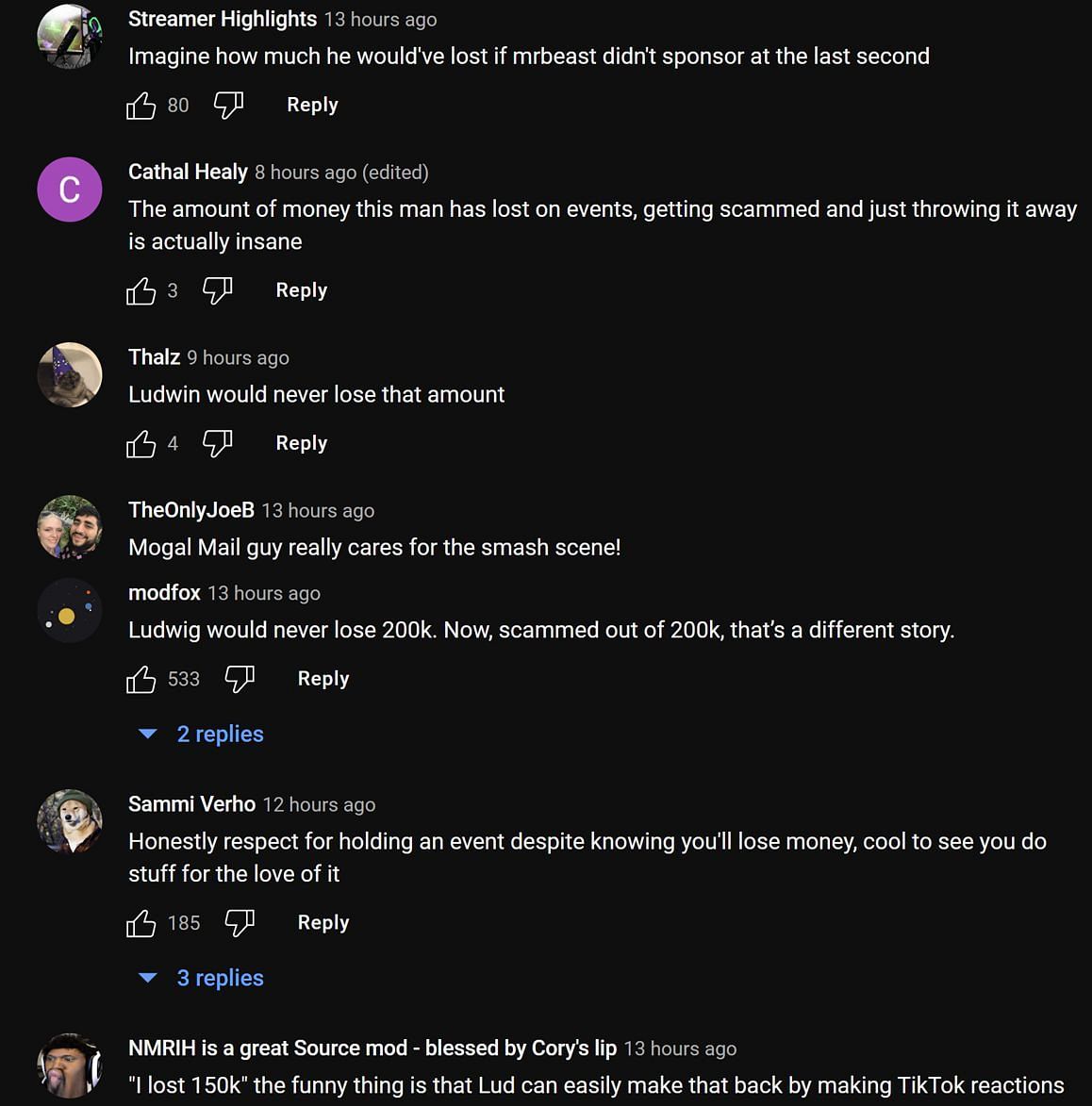 Fans in the YouTube comments section providing their take on the streamer incurring a $150k loss (Images via Ludwin Clips/YouTube)