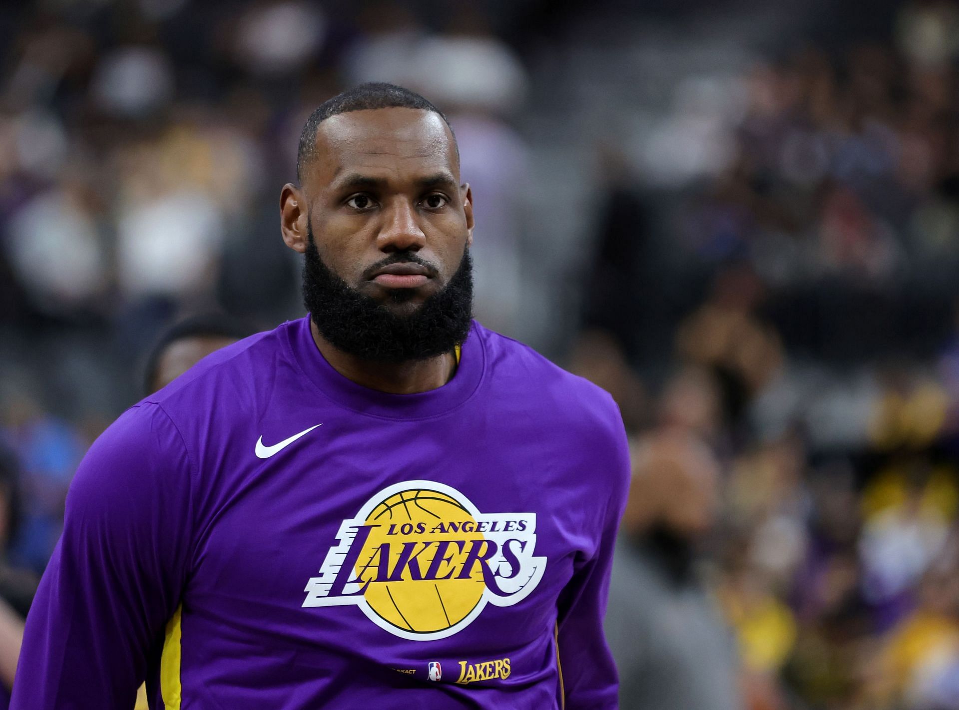 LeBron James of the Los Angeles Lakers warms up