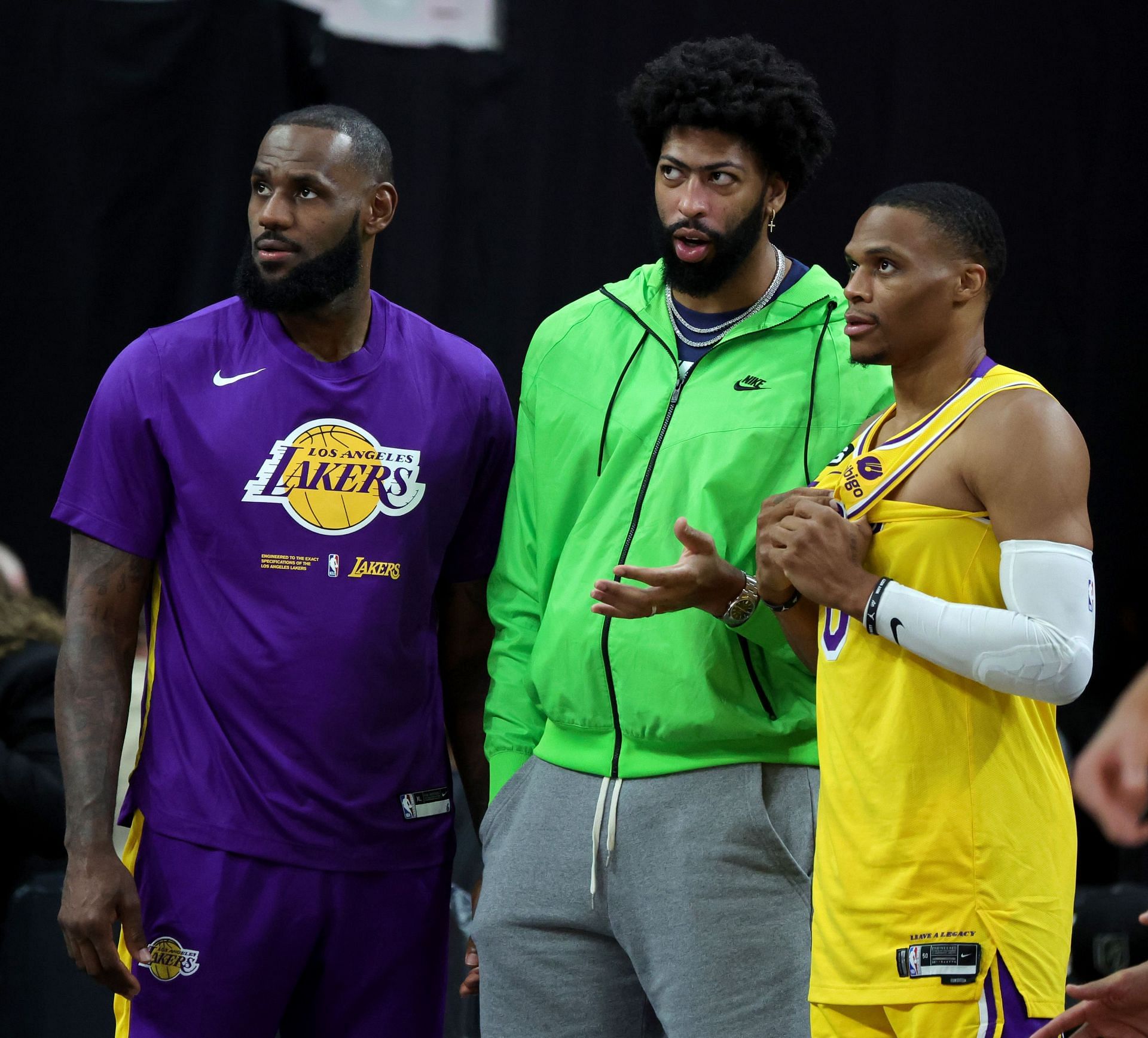LA Lakers forwards LeBron James, left, and Anthony Davis and guard Russell Westbrook