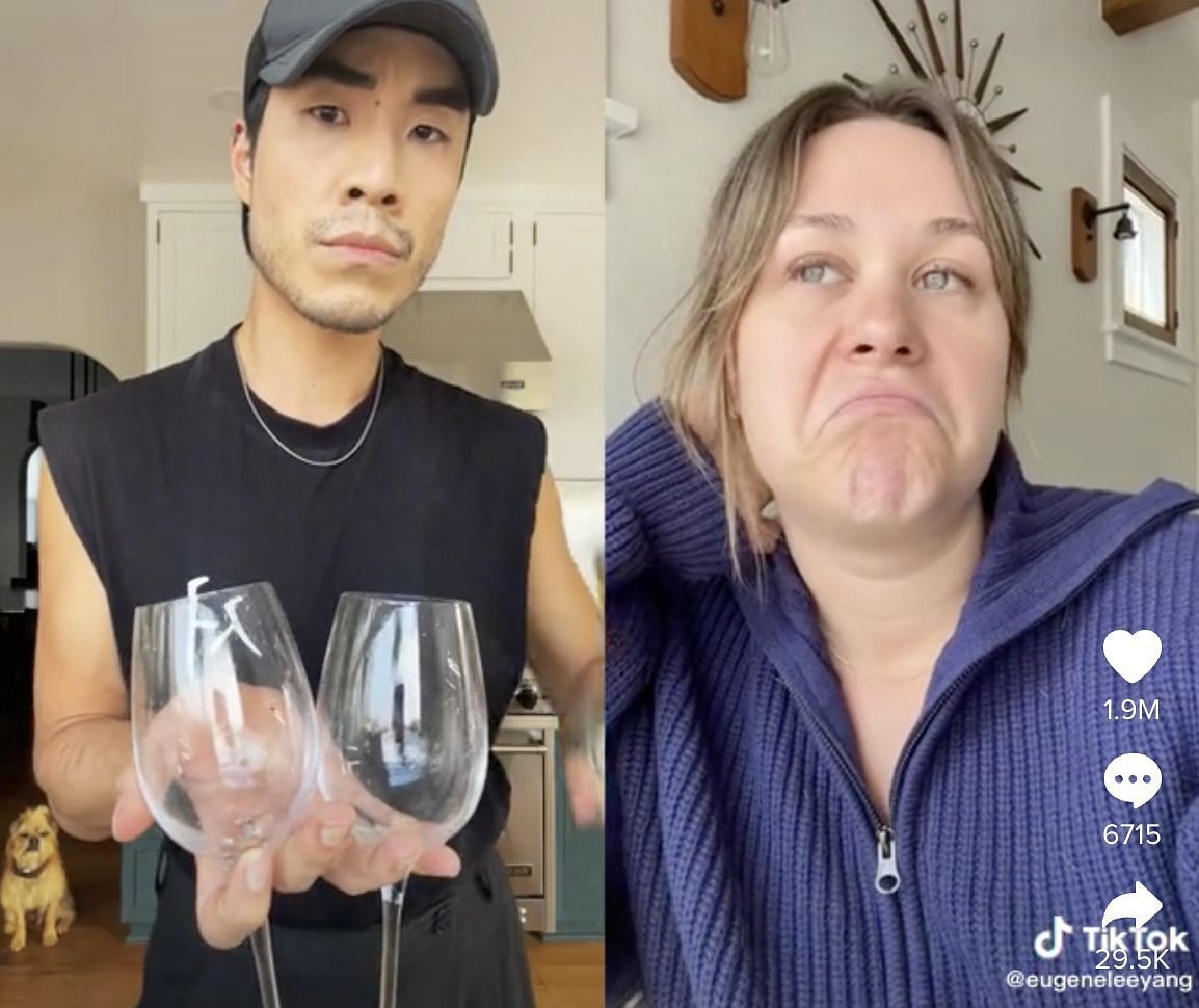 Eugene Lee Yang pours two glasses of wine in a video duet with Becky, Keith&#039;s wife. (Image via TikTok/eugeneleeyang, becksmecks2)