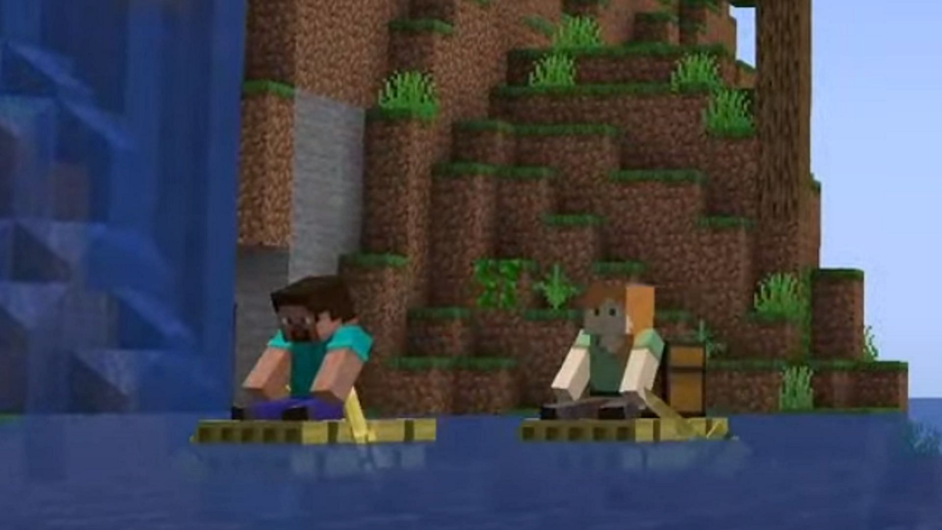 Alex and Steve take their rafts out on their water (Image via Mojang)