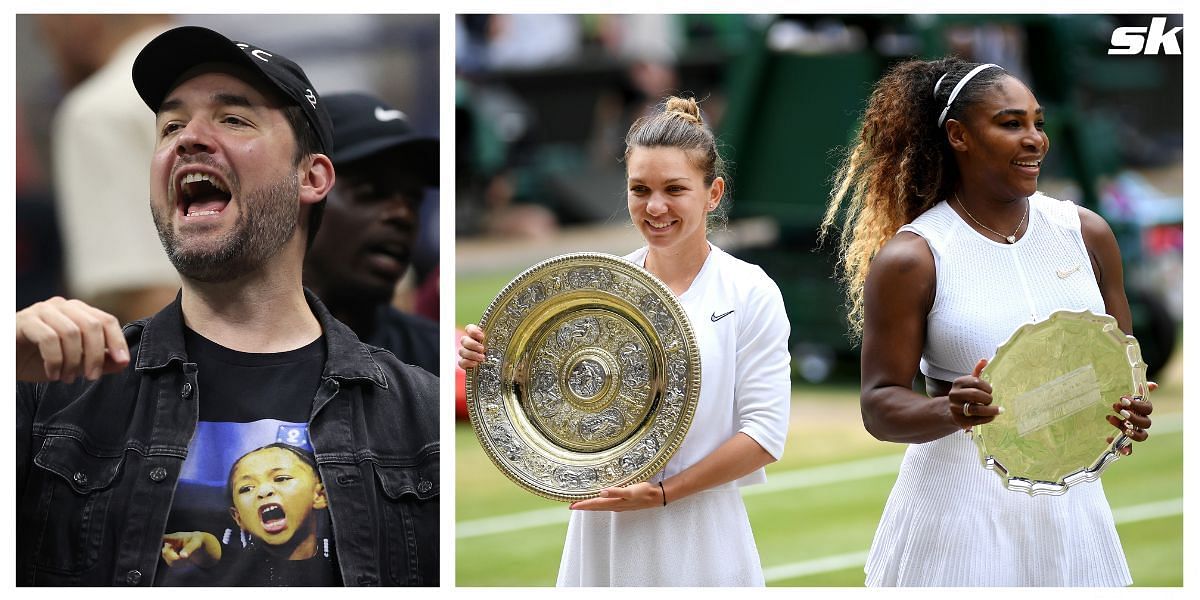 Alexis Ohanian (L), Simona Halep and Serena Williams (R)